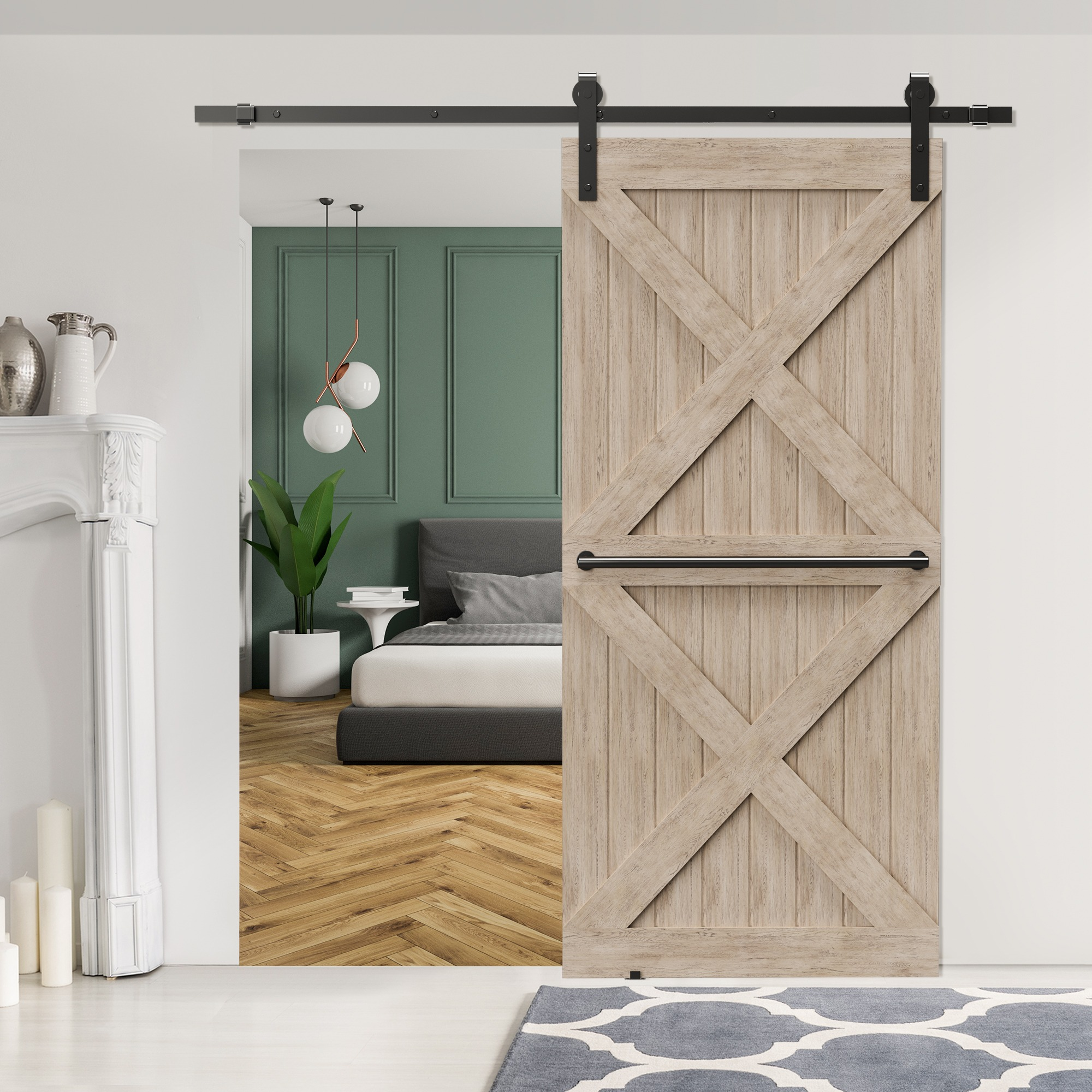 Holztür mit installierter schwarzer Schiene. Die Tür befindet sich in einem Innenraum mit sichtbarem Schlafzimmer.
