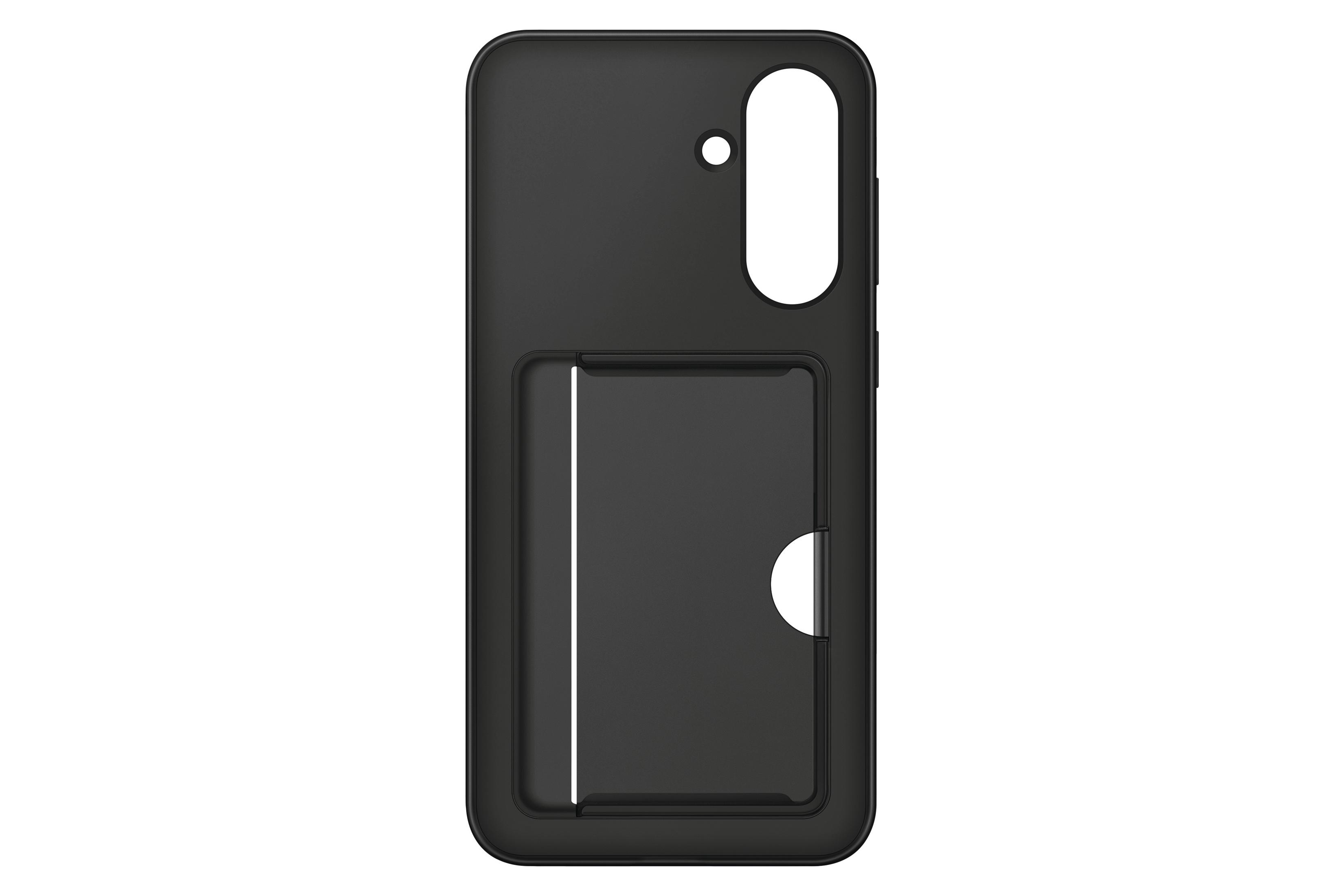 Coque de téléphone noire avec fente pour carte. Fond blanc.