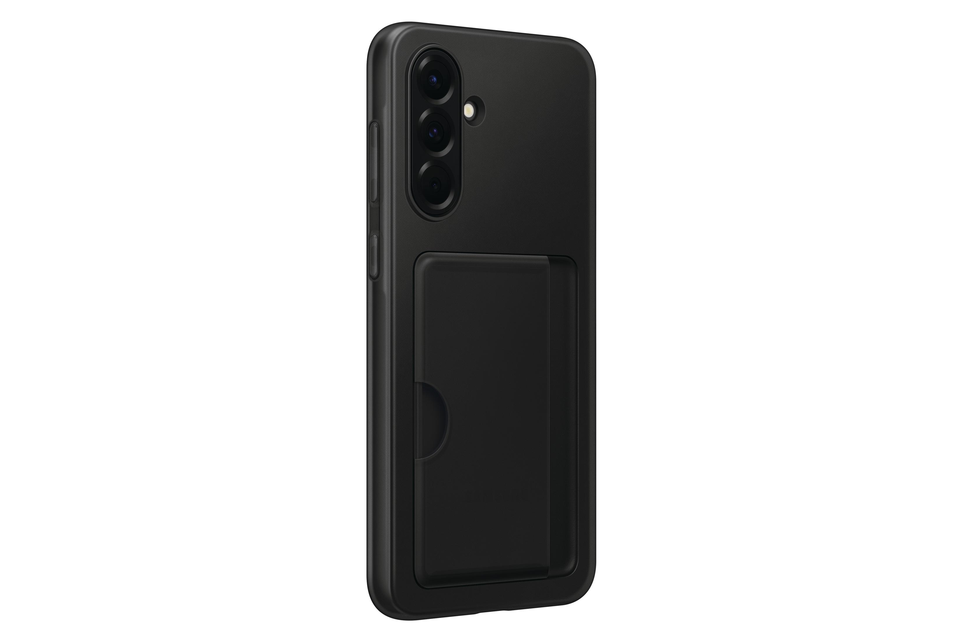 Coque de téléphone noire avec porte-cartes au dos, vue latérale, fond blanc.