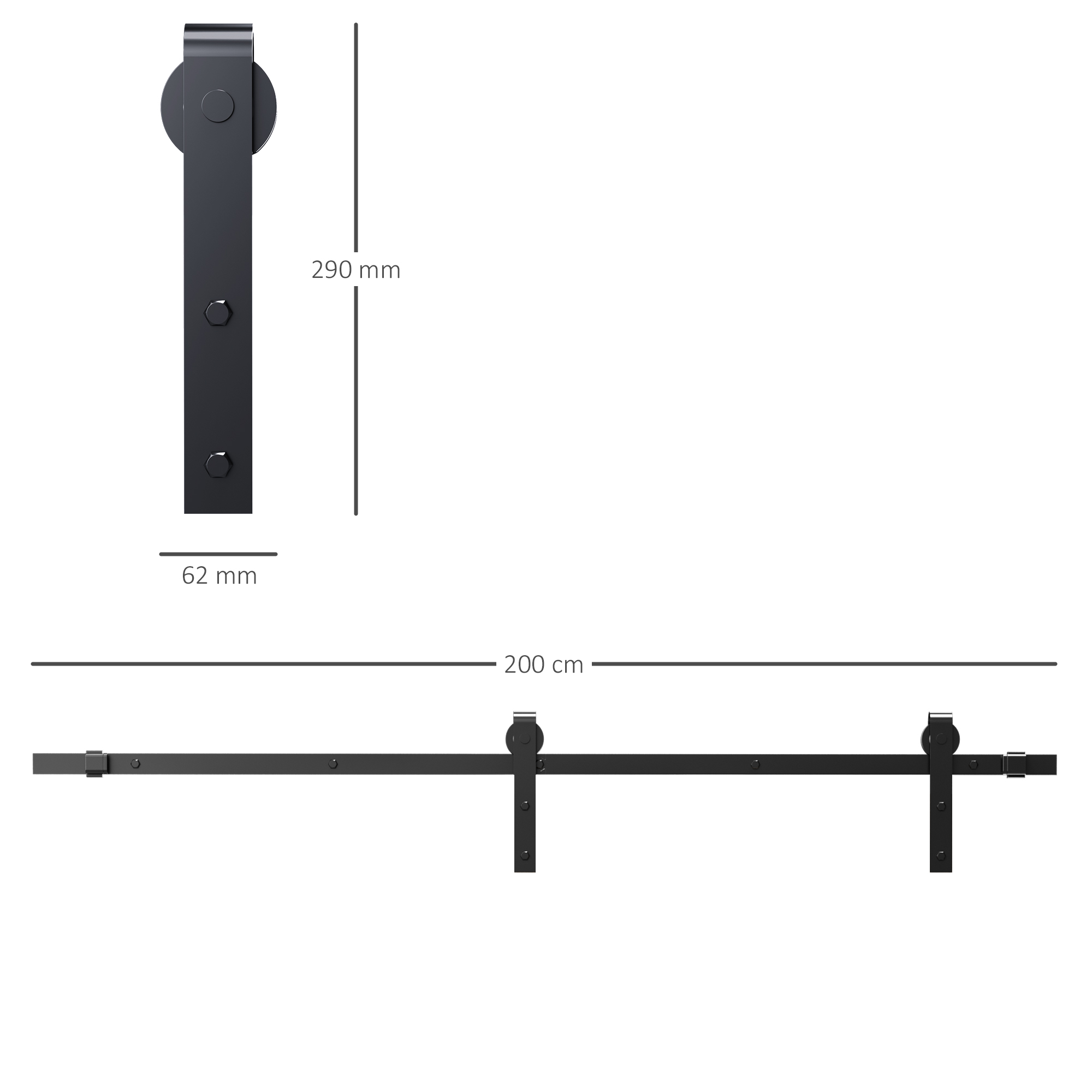 Diagramm der schwarzen Schiebetürbeschläge. Enthält Abmessungen.
