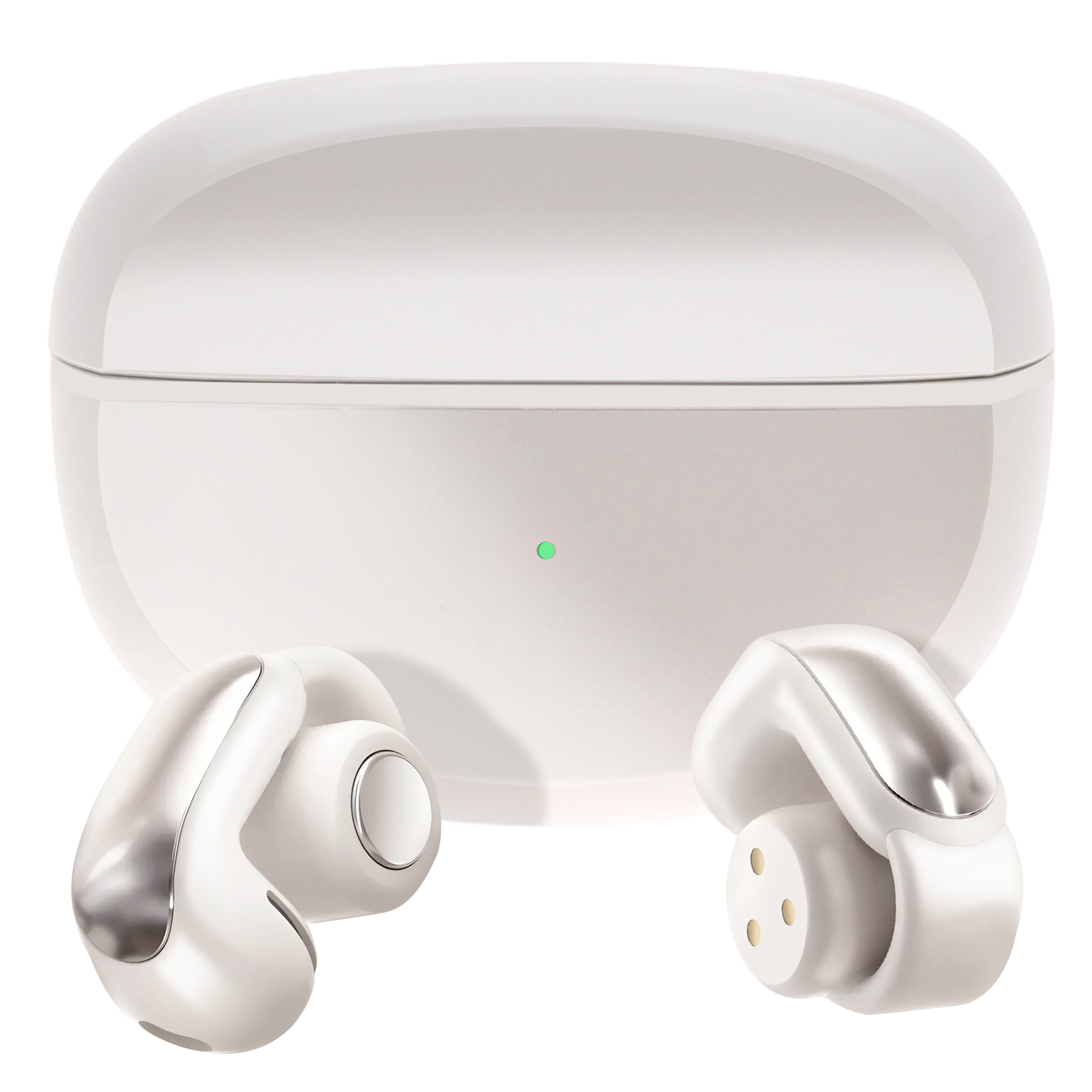 Auricolari wireless bianchi con custodia di ricarica. Gli auricolari sono bianchi.