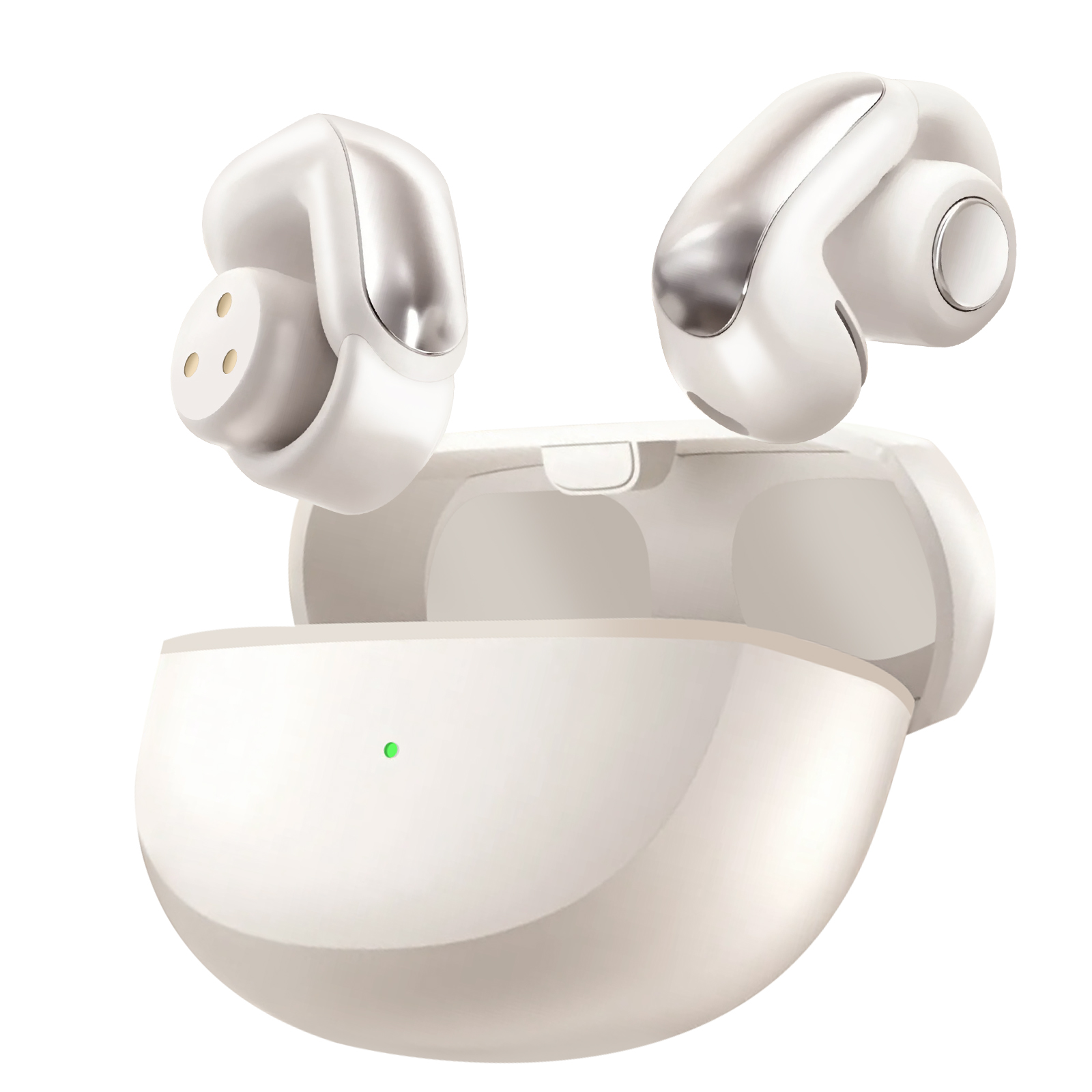 Auricolari wireless bianchi con custodia di ricarica, su sfondo bianco.