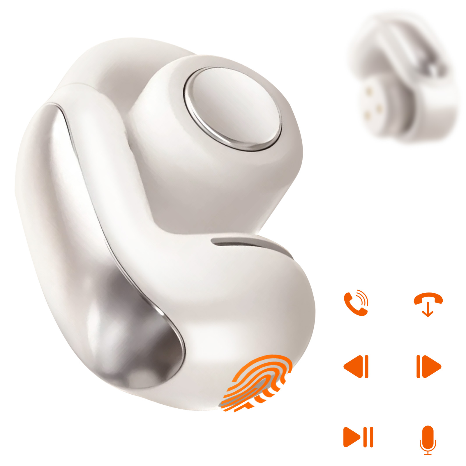 Auricolare bianco con sensore di impronte digitali e icone delle funzioni sul lato.
