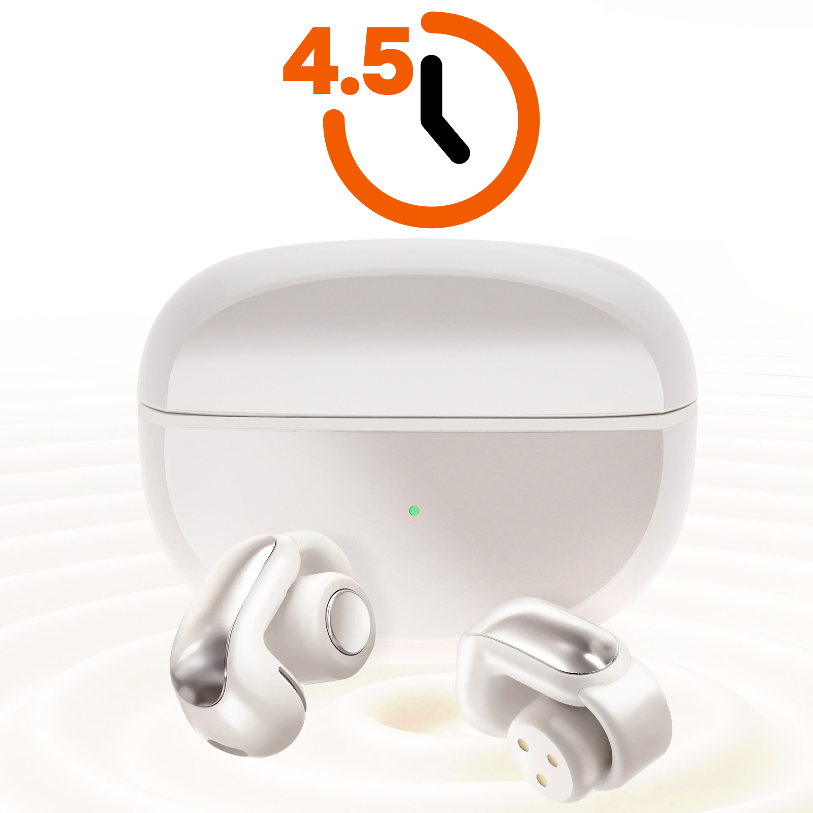 Auricolari e custodia bianchi con un'icona di 4,5 ore sopra.