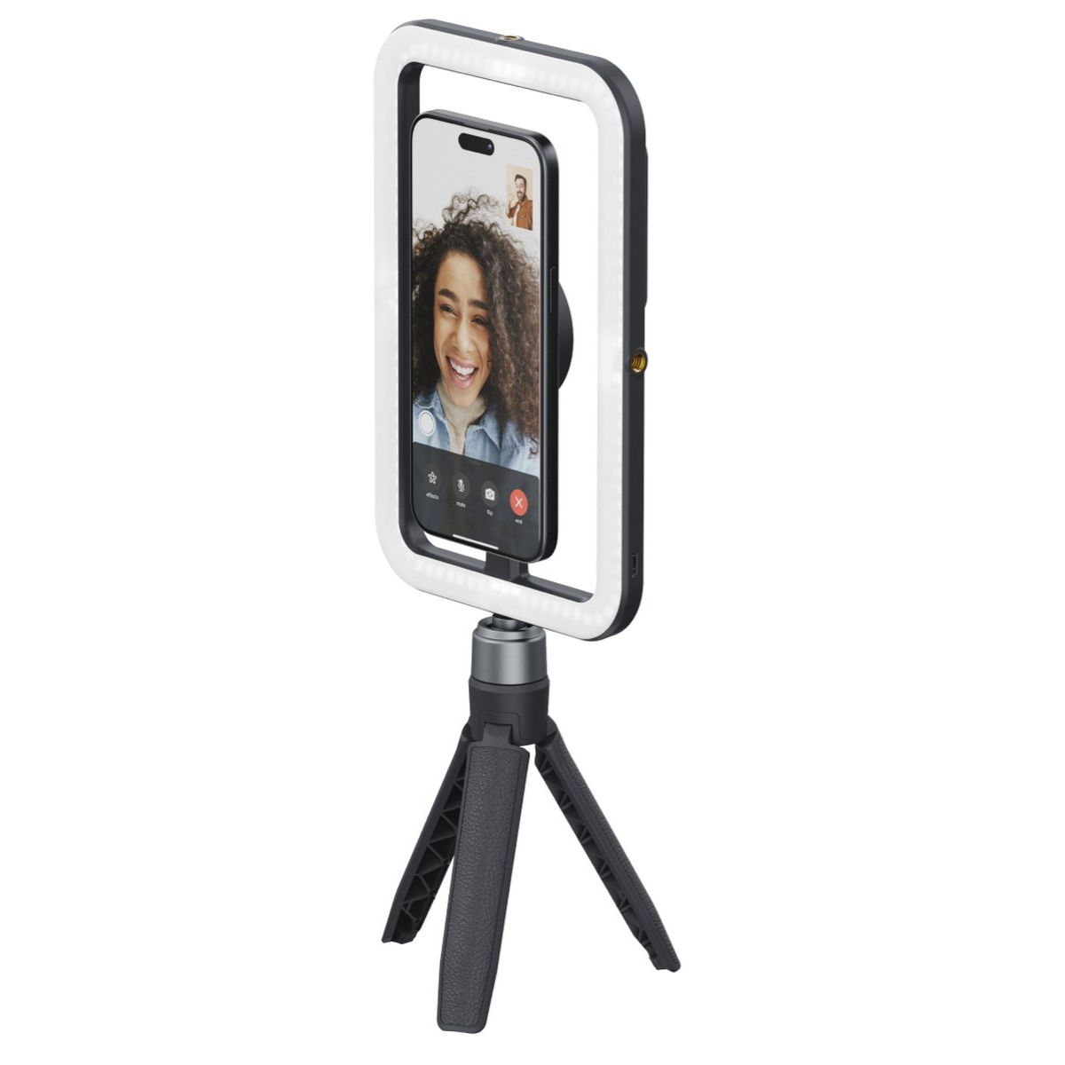 Tripod üzerinde bir halka ışık içinde bir telefon. Ekranda bir kadın gülümsüyor.