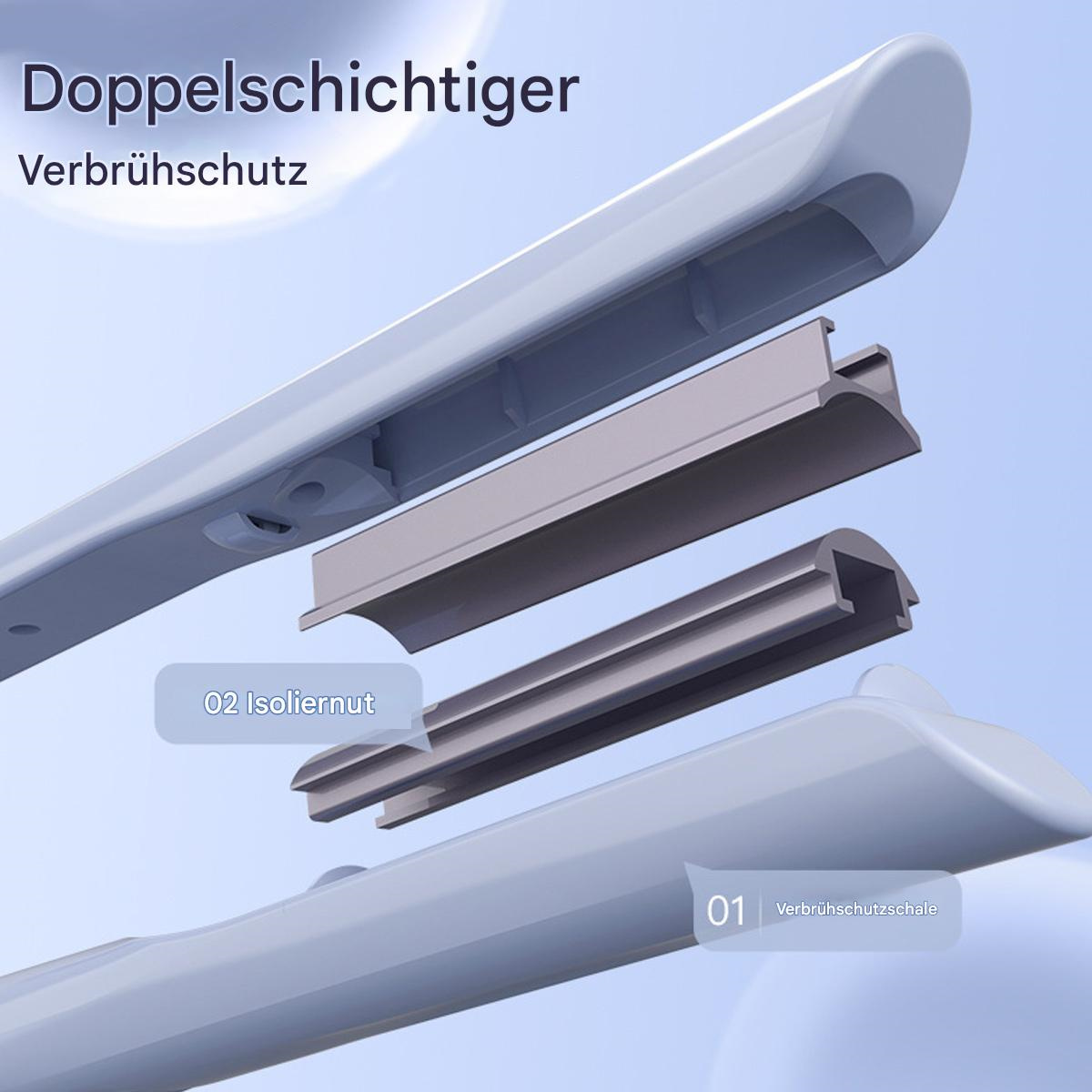 Schnittansicht eines Haarglätters mit blauen und grauen Teilen, mit deutschem Text beschriftet.
