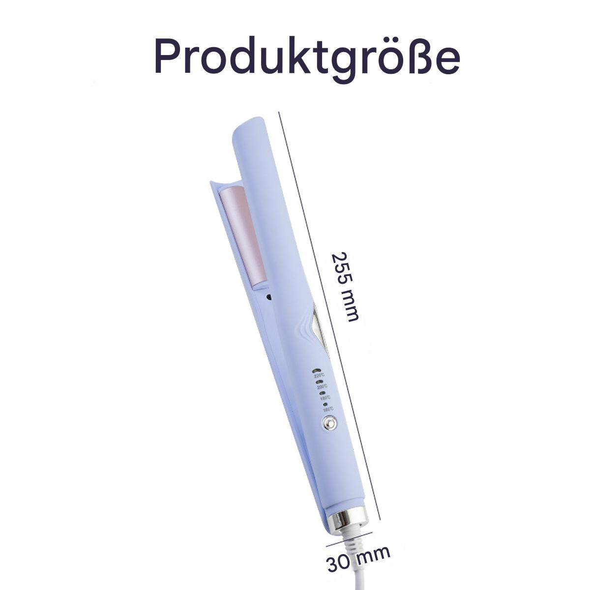 Haarglätter, hellblau, mit rosa Platte. Der Text 'Produktgröße' steht darüber.