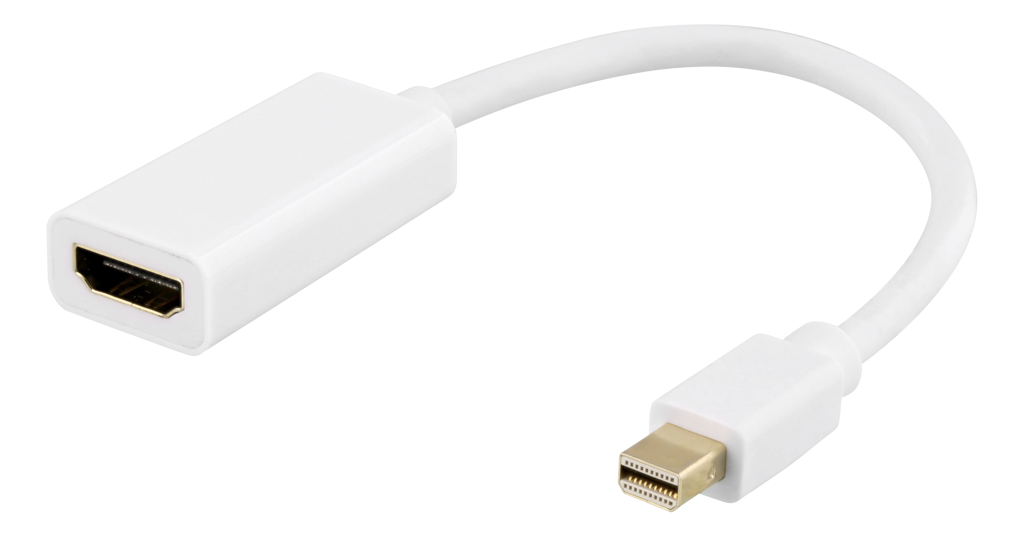 Un cable blanco con conector mini-DisplayPort y conector DisplayPort.