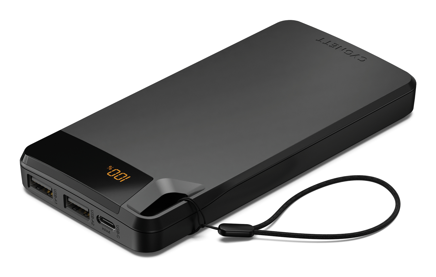 Un power bank nero con display che mostra il 100%. Ha porte USB e un cinturino.