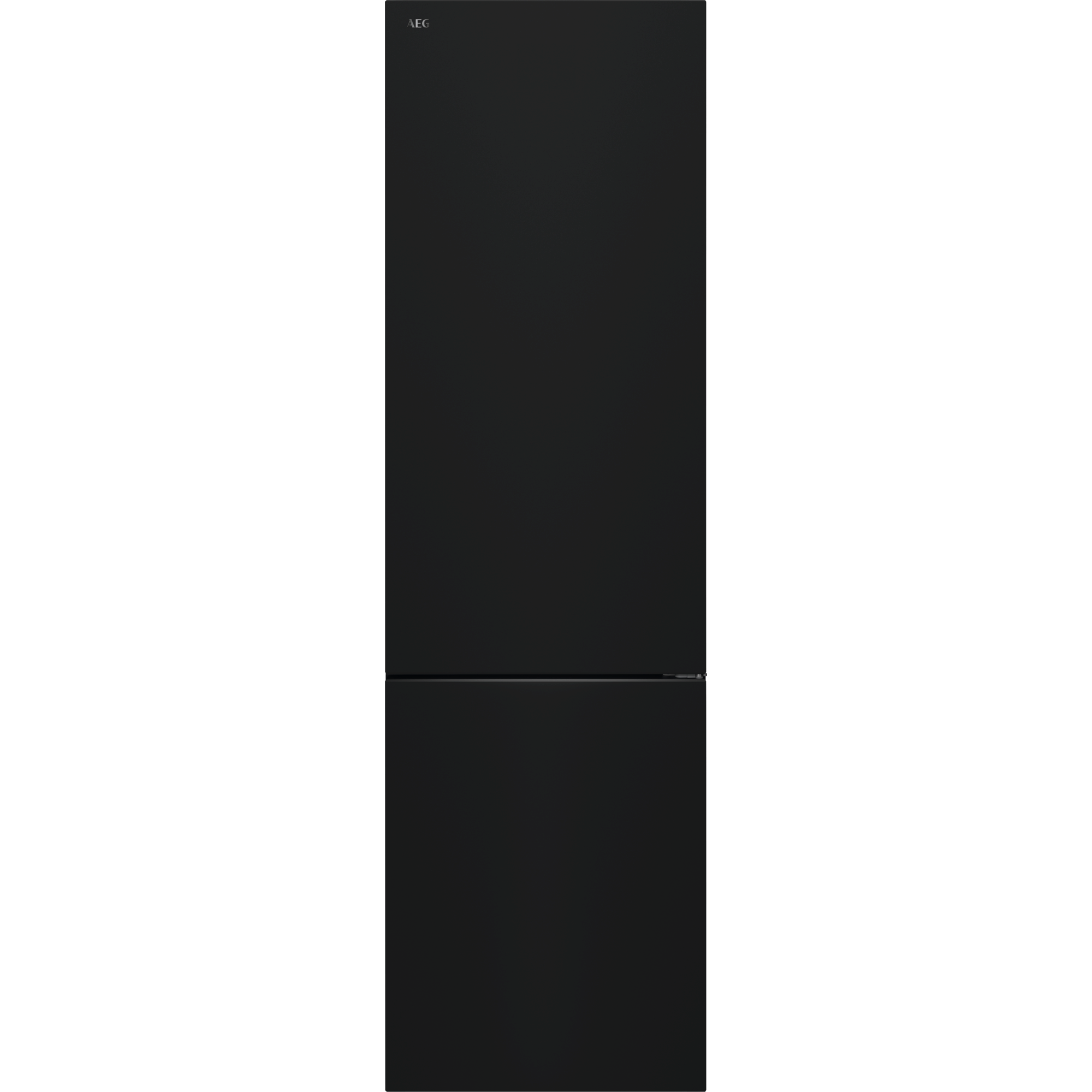 Ein schwarzer AEG-Kühlschrank mit Gefrierfach unten auf schwarzem Hintergrund.