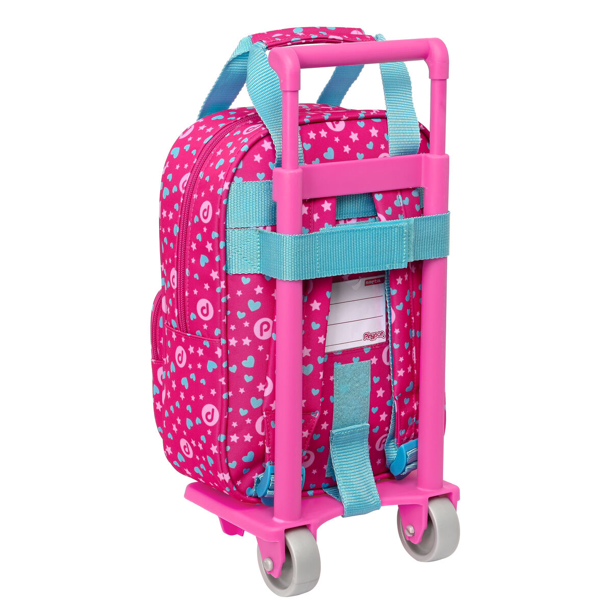 Mochila rosa con ruedas, correas azules y estampado de corazones/estrellas.