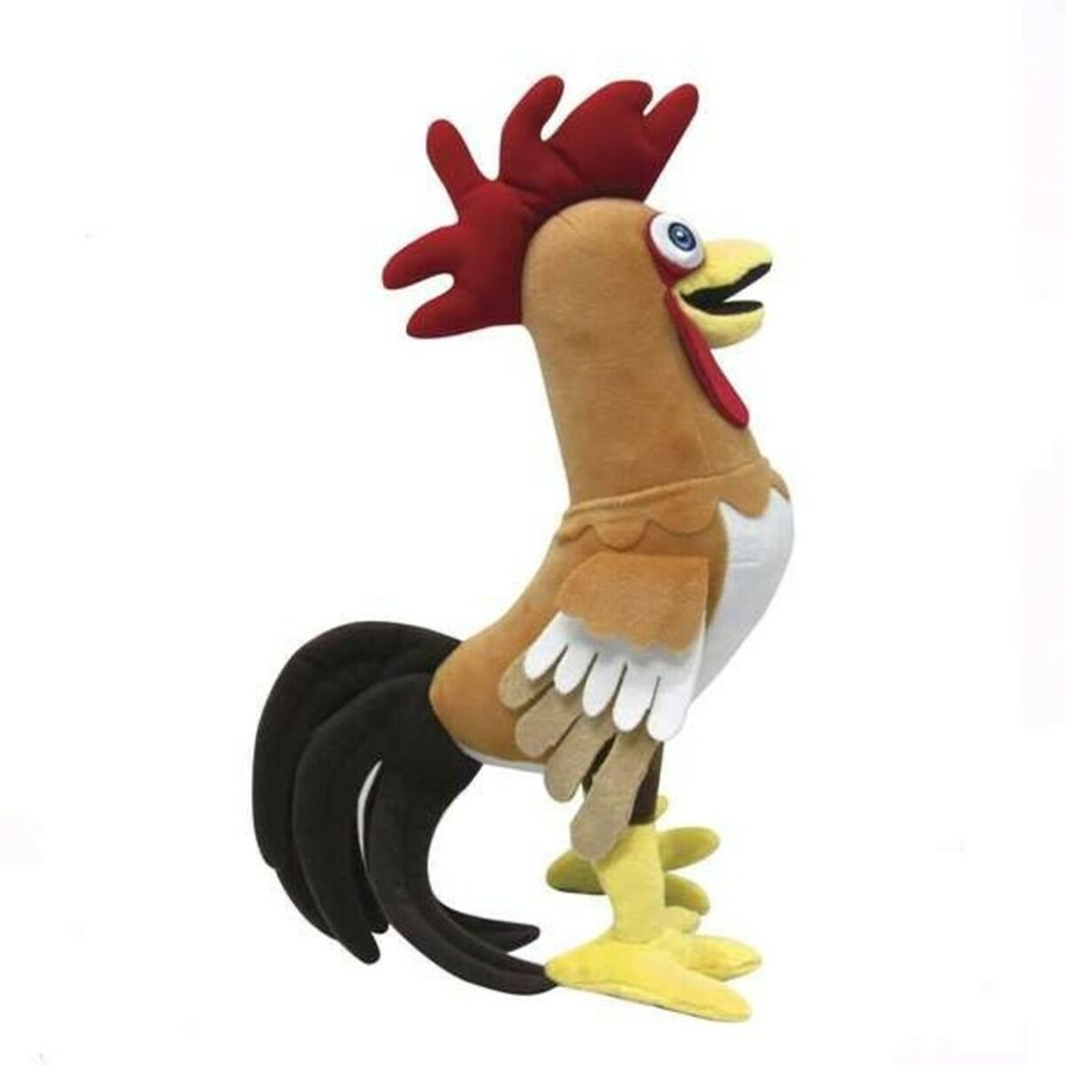 Juguete de peluche de gallo de dibujos animados. Se para con cresta roja, cuerpo marrón y cola negra.