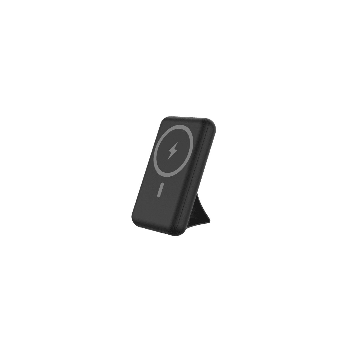 Caricatore wireless nero con icona a forma di fulmine sulla superficie, inclinato leggermente verso l'alto su sfondo bianco.