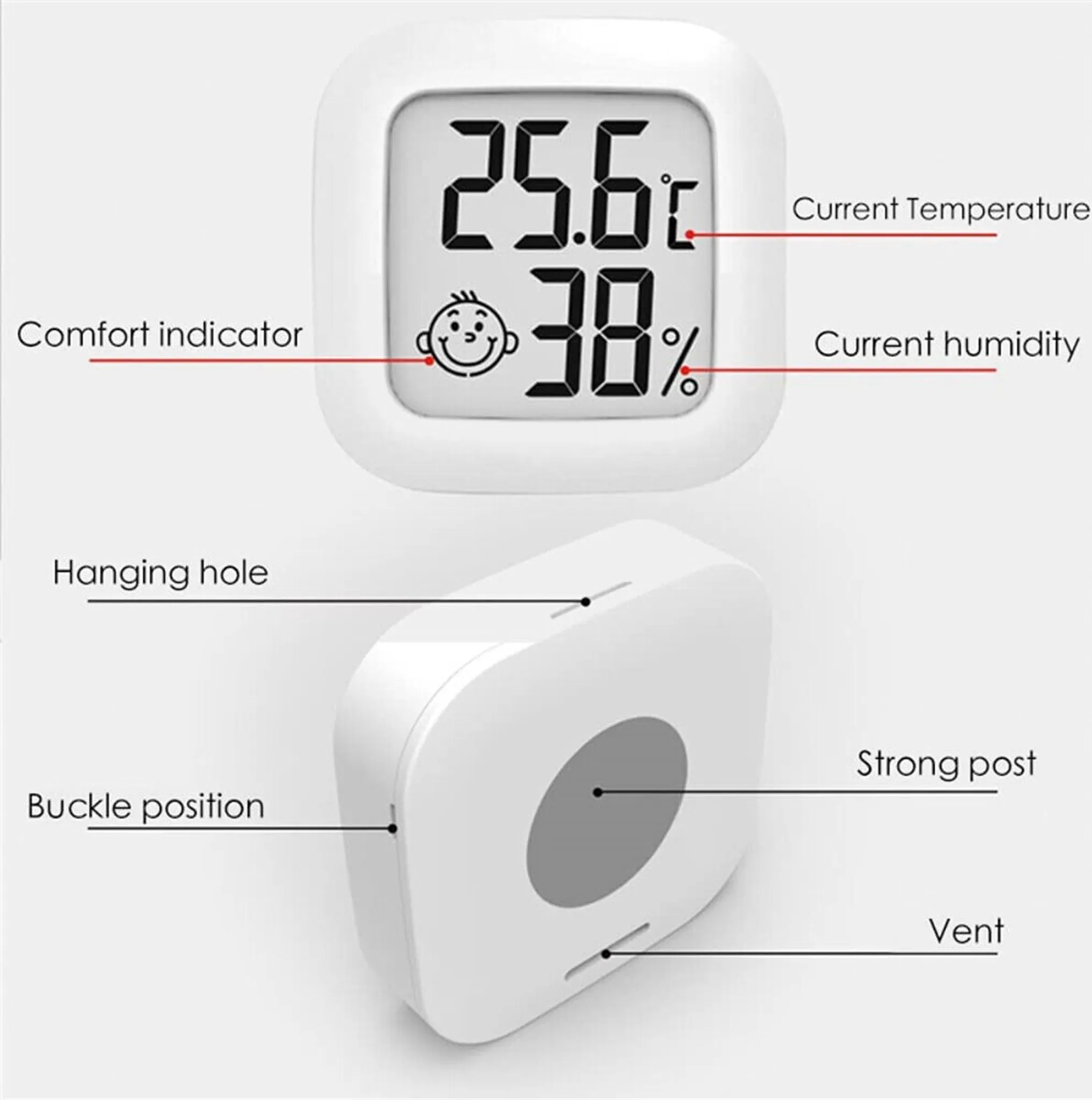 Nahaufnahme eines weißen digitalen Thermometers mit Temperatur, Feuchtigkeit und einem beschrifteten Smiley-Symbol.