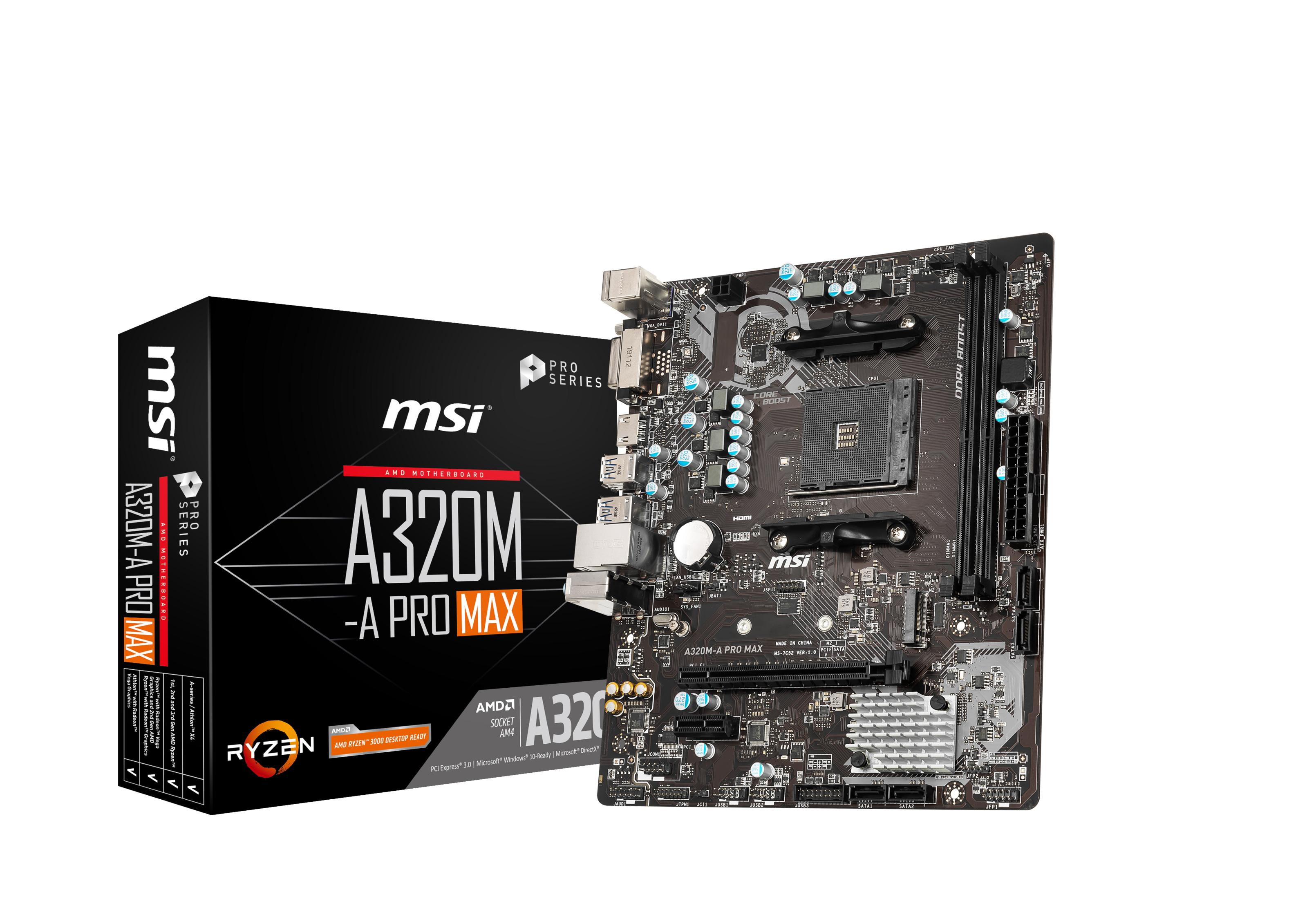 MSI A320M-A PRO MAX Mainboard und Box. Die Box hat die MSI und Ryzen Logos.