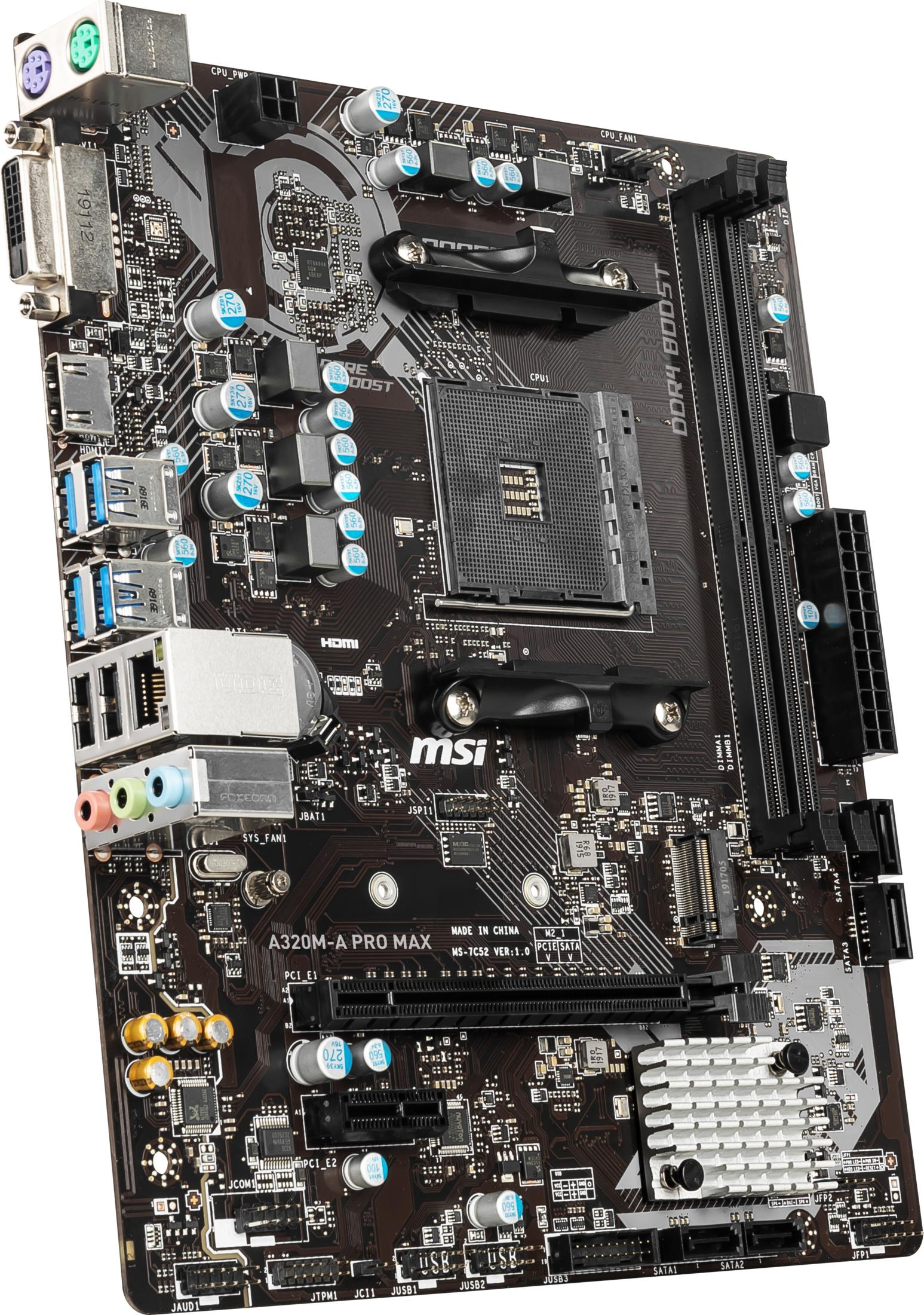 MSI A320M-A PRO MAX-Motherboard mit verschiedenen Anschlüssen und Komponenten auf weißem Untergrund.