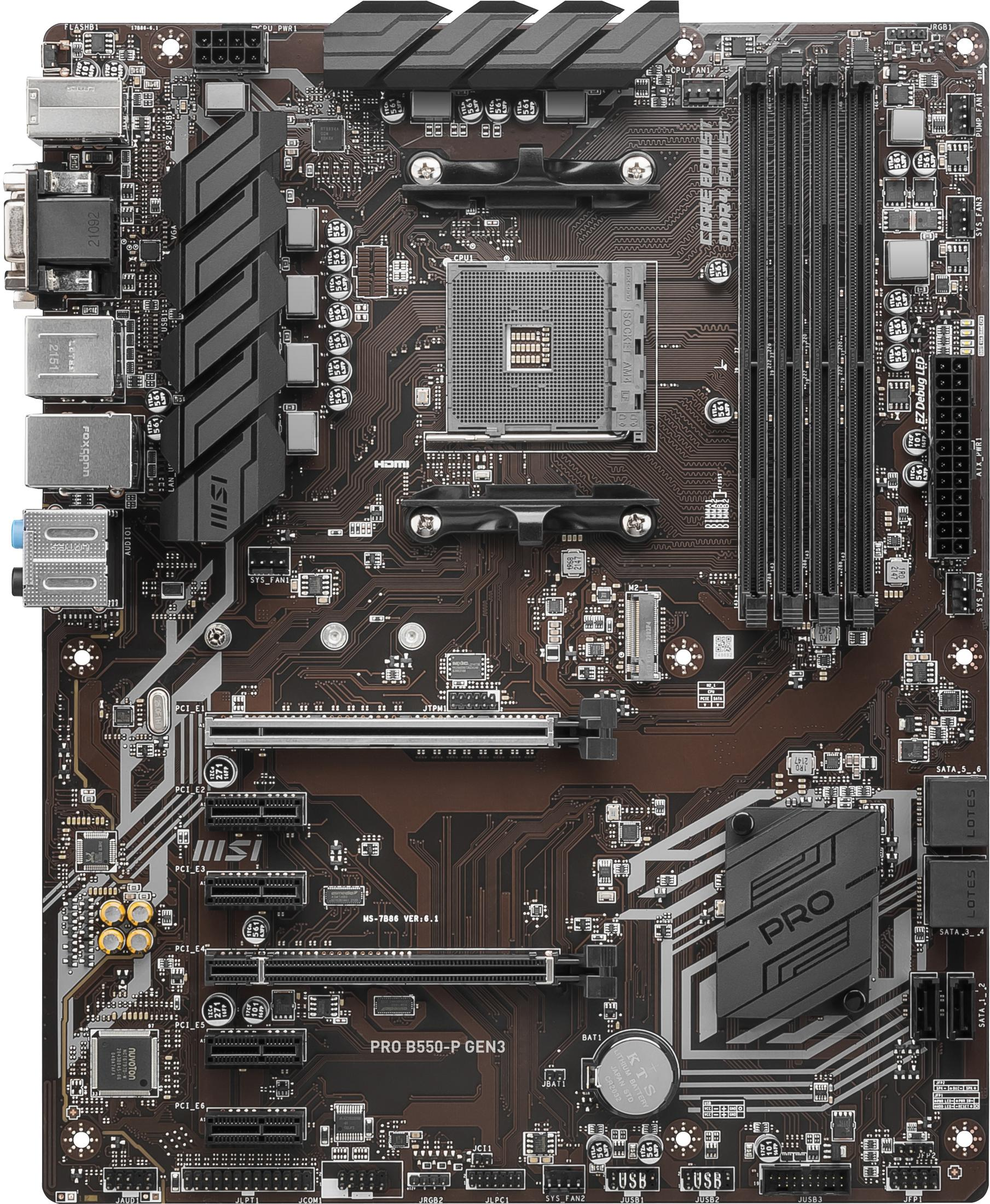 Primer plano de una placa base de computadora. Marrón y negro con varios componentes.