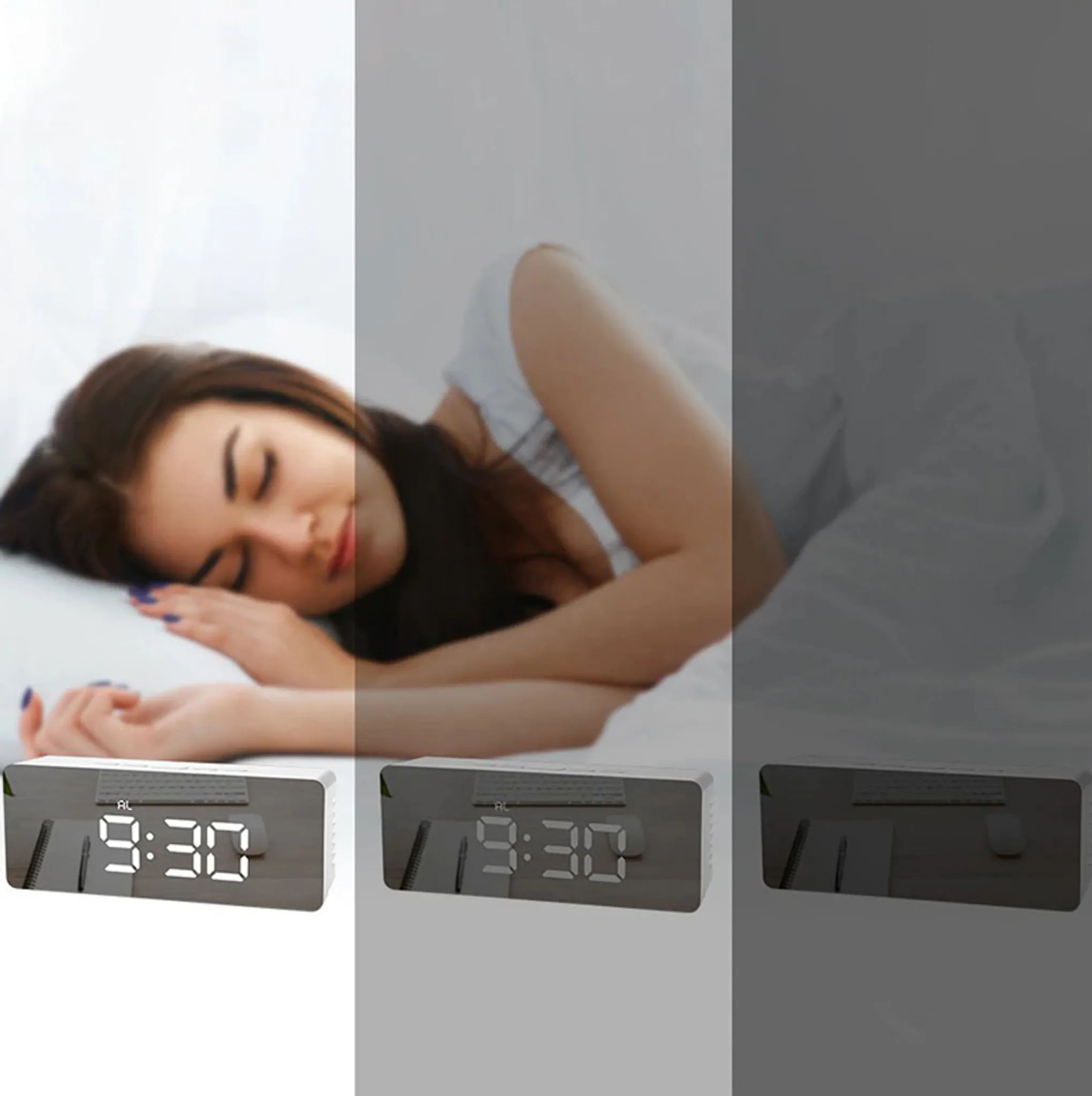Eine schlafende Frau mit einer Digitaluhr, die 9:30 anzeigt.