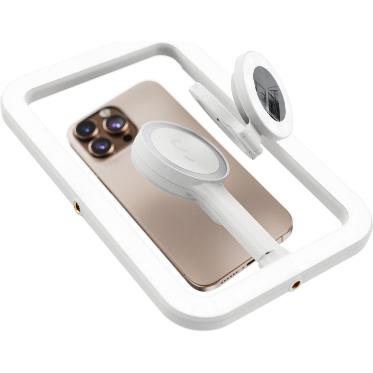 Işıklı beyaz bir kılıf içinde telefon. Telefon kamera görünümünü gösteriyor ve ışık parlıyor.