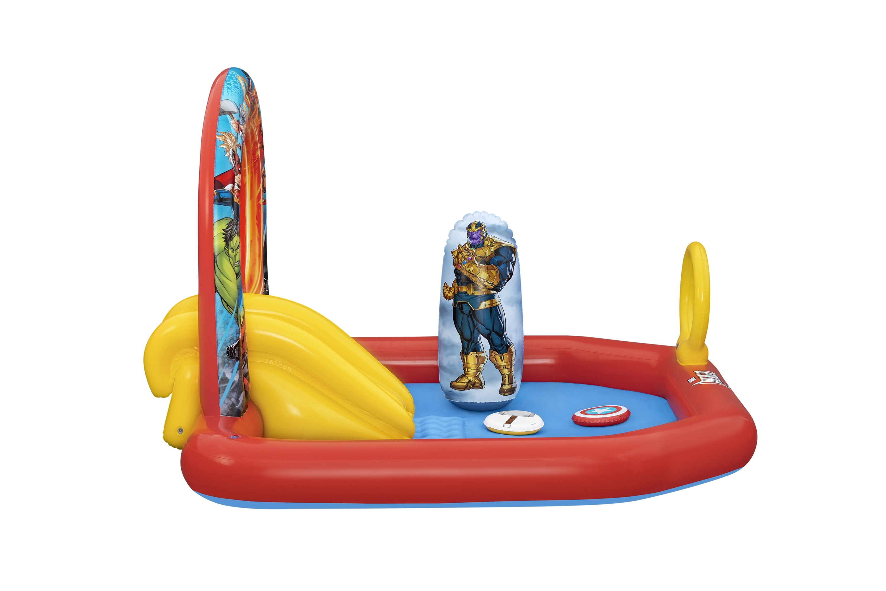 Nadmuchiwany basen Avengers ze zjeżdżalnią, workiem treningowym Thanosa i logo Avengers na basenie.