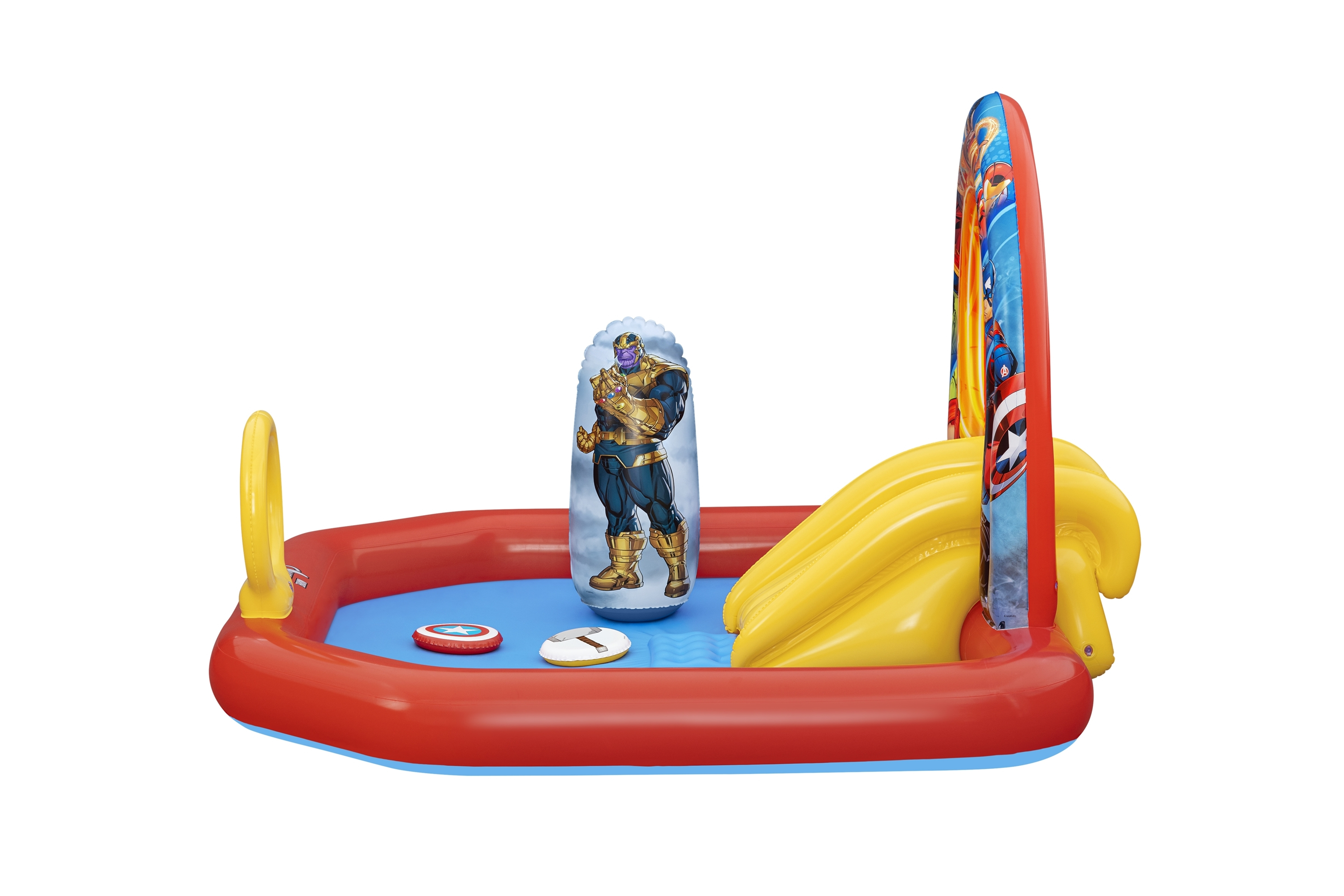 Nadmuchiwany basen ze zjeżdżalnią i workiem treningowym Thanosa. Dominują kolory czerwony i niebieski, białe tło.