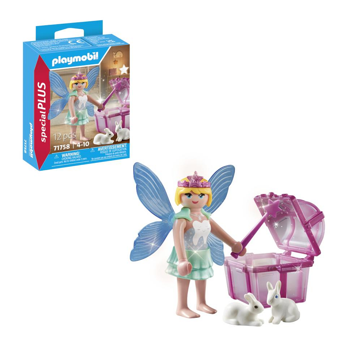 Zestaw Playmobil, figurka wróżki, skrzynia skarbów i króliki.