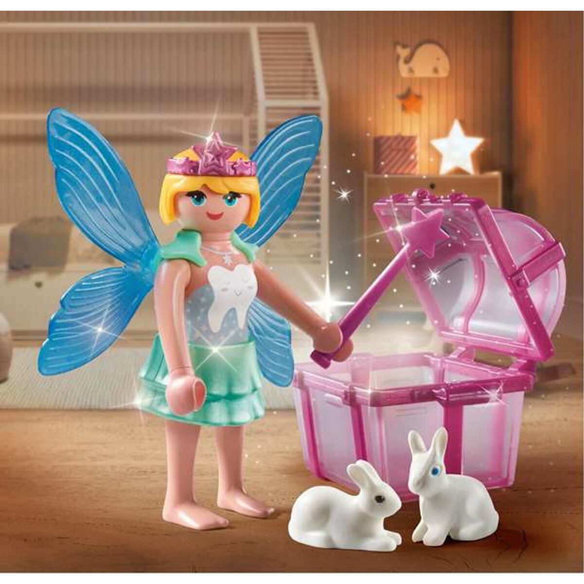 Wróżka z zębem ze skrzydłami, skrzynią i królikami. Wnętrze z oknem.