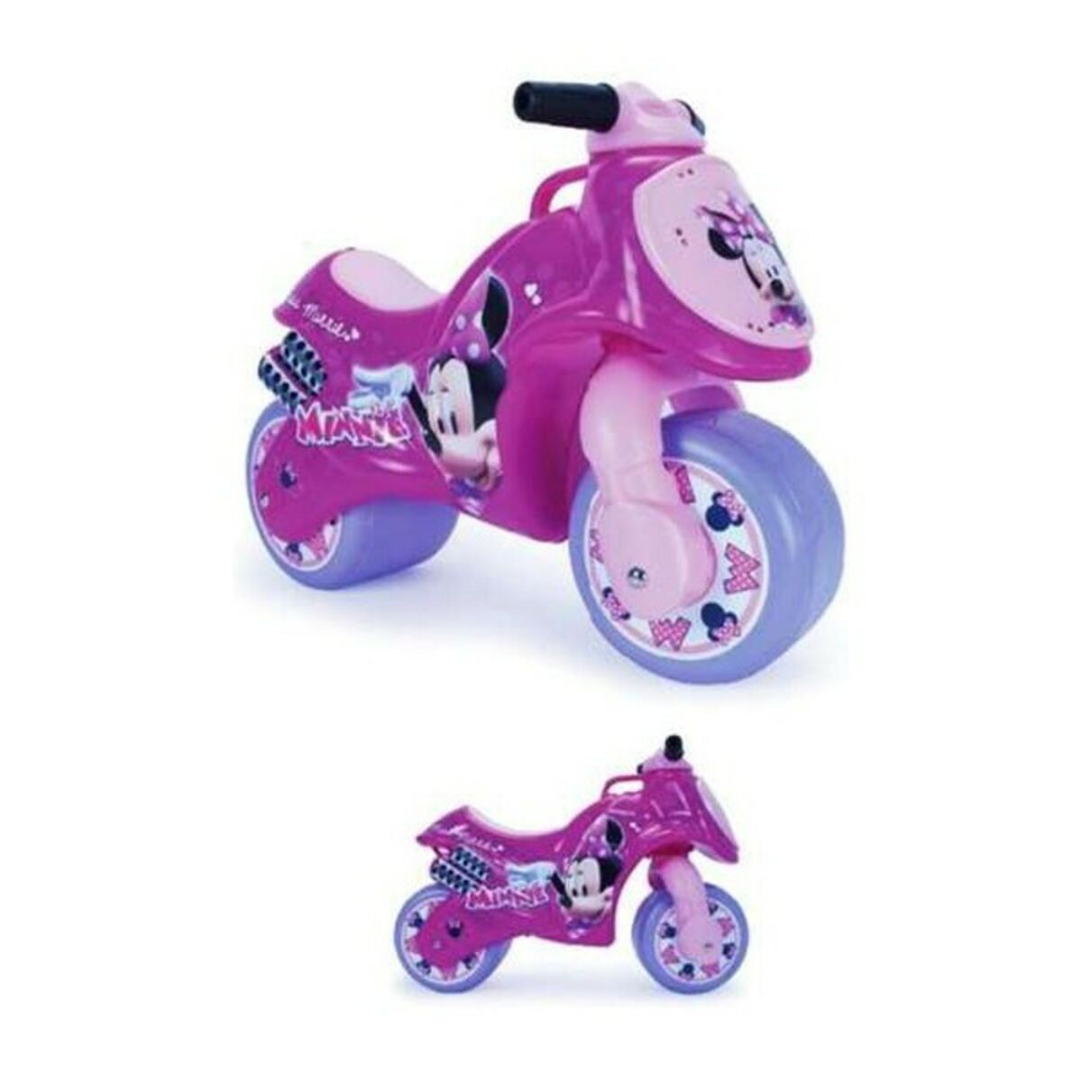 Juguete de motocicleta rosa Minnie Mouse, con dos vistas.