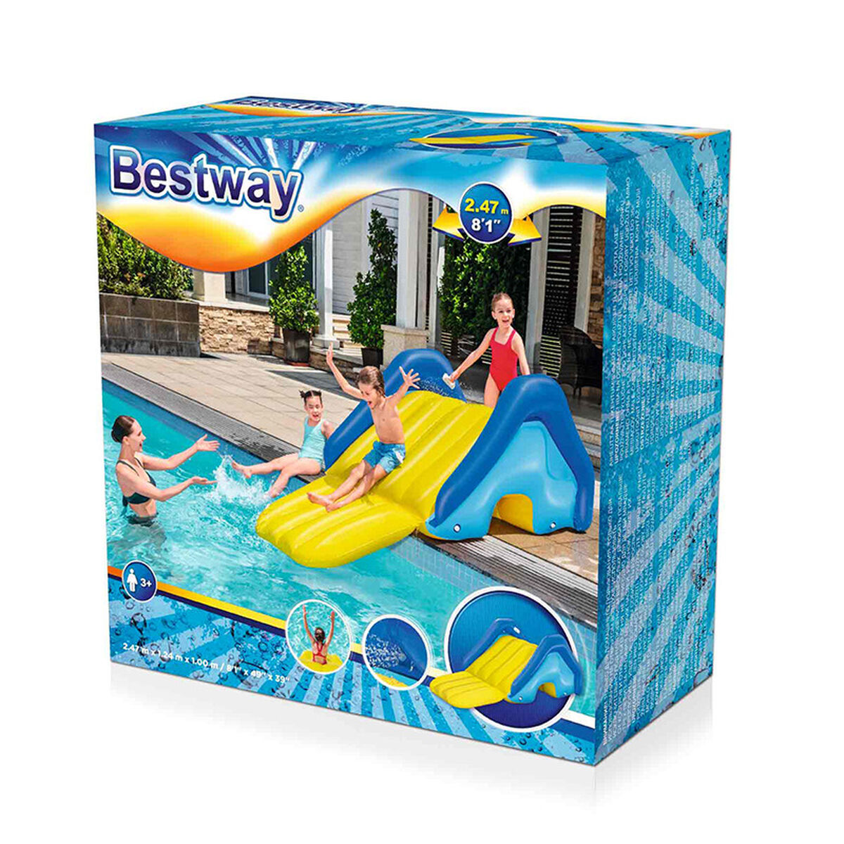 Una caja Bestway muestra a niños jugando en un tobogán inflable amarillo y azul en una piscina.