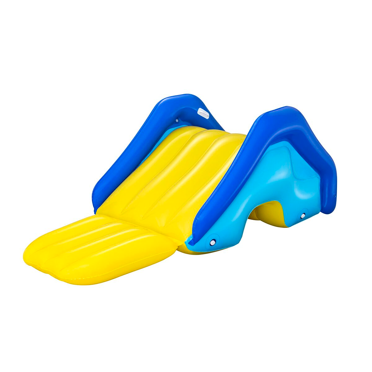 Tobogán acuático inflable amarillo y azul, vista frontal, aislado sobre fondo blanco.
