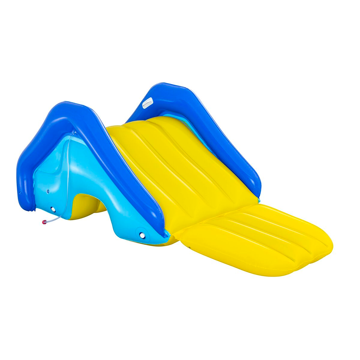 Tobogán acuático inflable amarillo y azul con una pequeña piscina al final. Aislado.