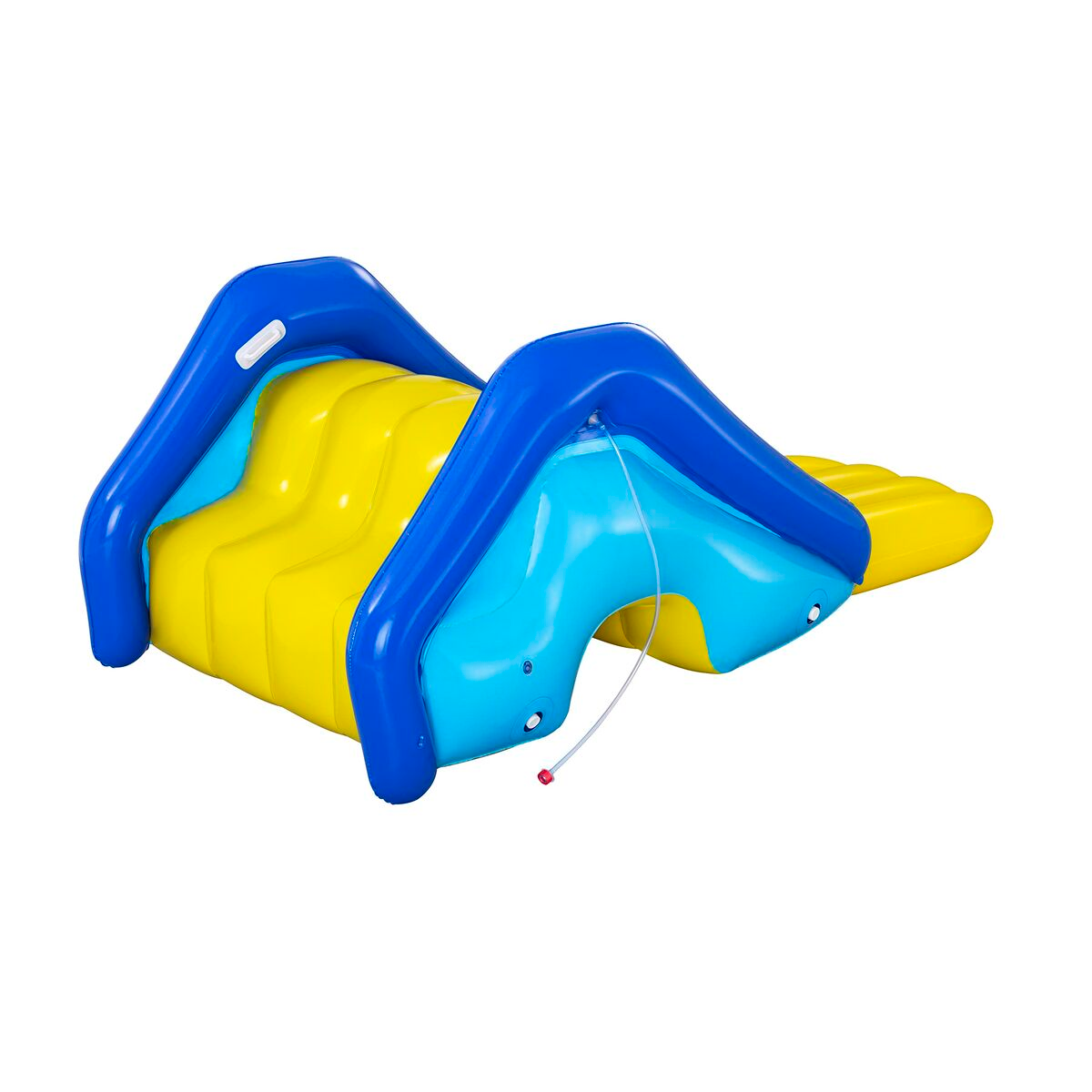 Estructura inflable amarilla y azul tipo tobogán sobre fondo blanco.