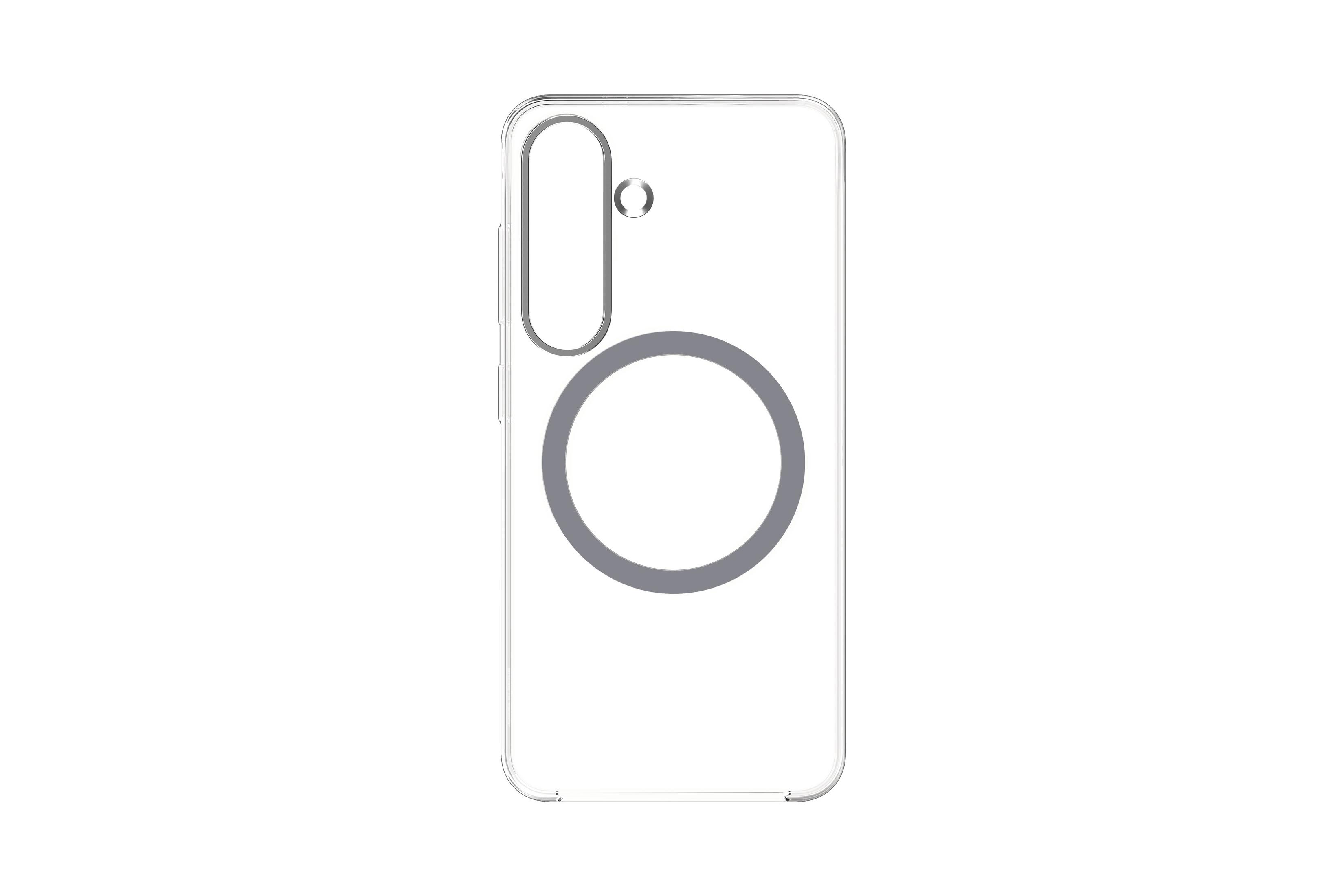 Eine transparente Handyhülle mit einem kreisförmigen Magsafe-Ring auf weißem Hintergrund.