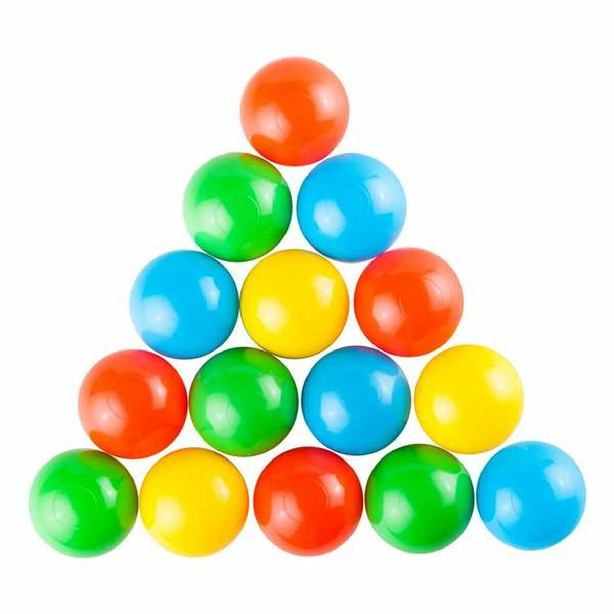 Una piramide di palline colorate: rosse, verdi, blu e gialle su sfondo bianco.