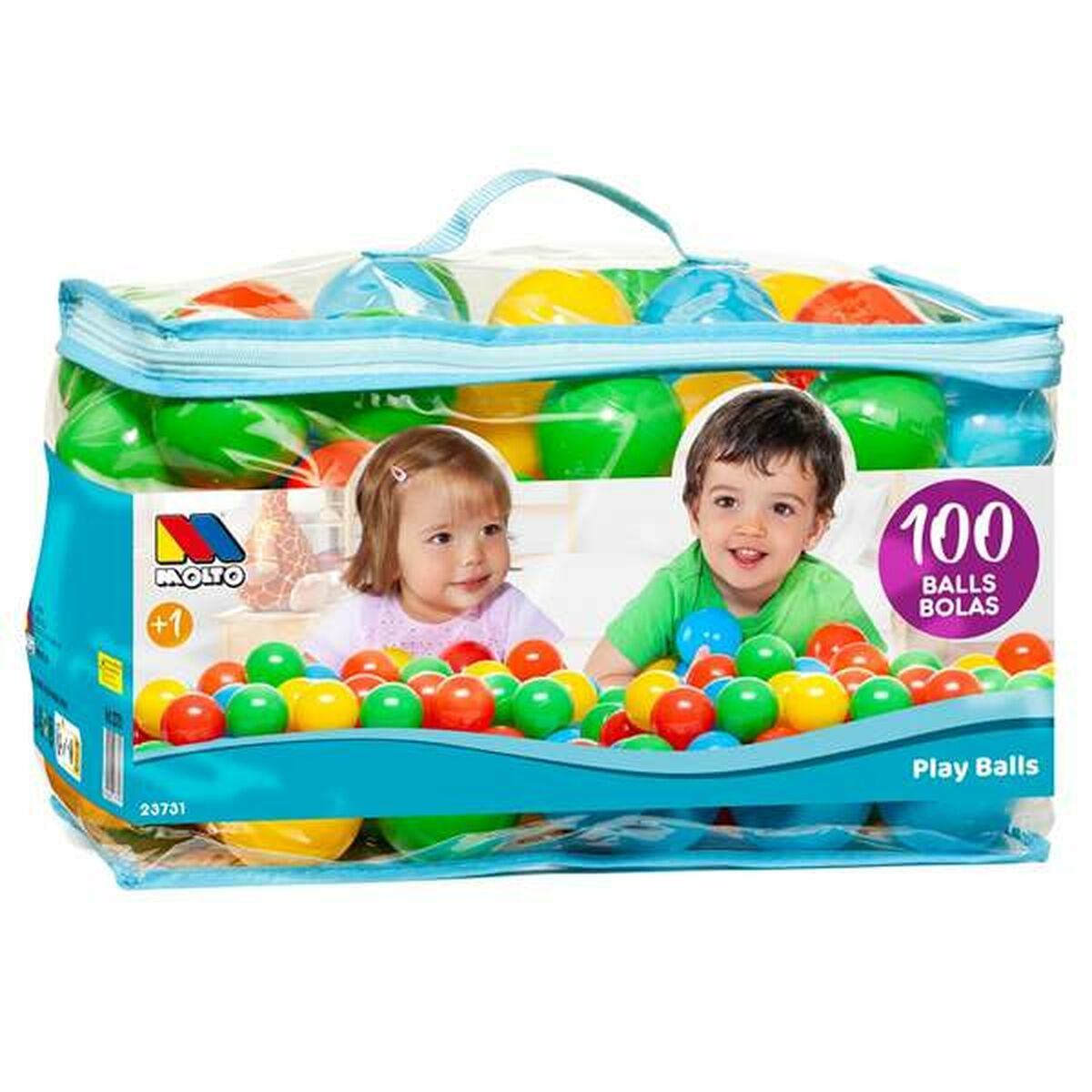 Borsa di 100 palline da gioco, con facce di bambini sulla confezione. Sfondo bianco.