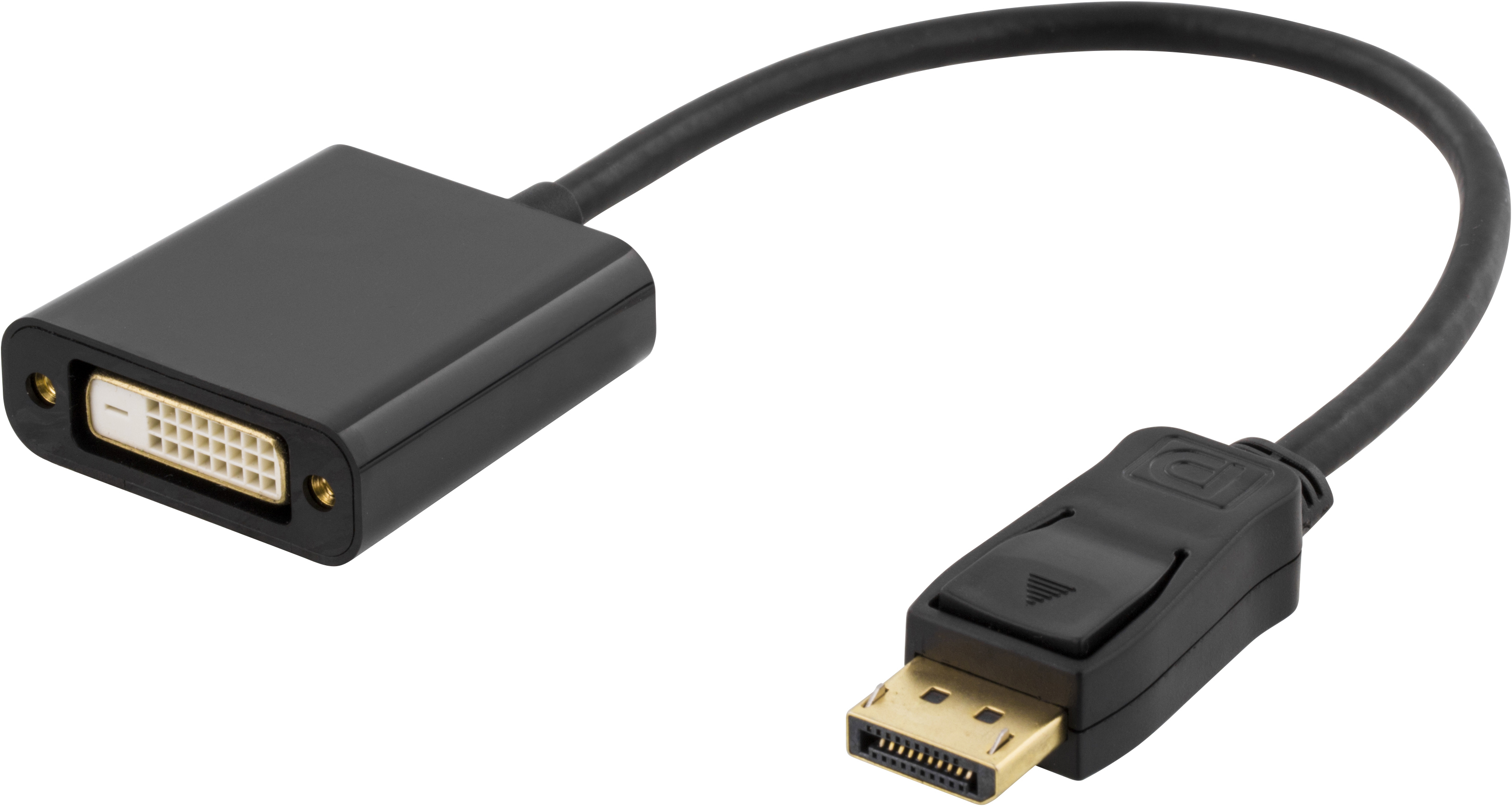Cable adaptador negro de DVI a DisplayPort. Un extremo es DVI, el otro DisplayPort.