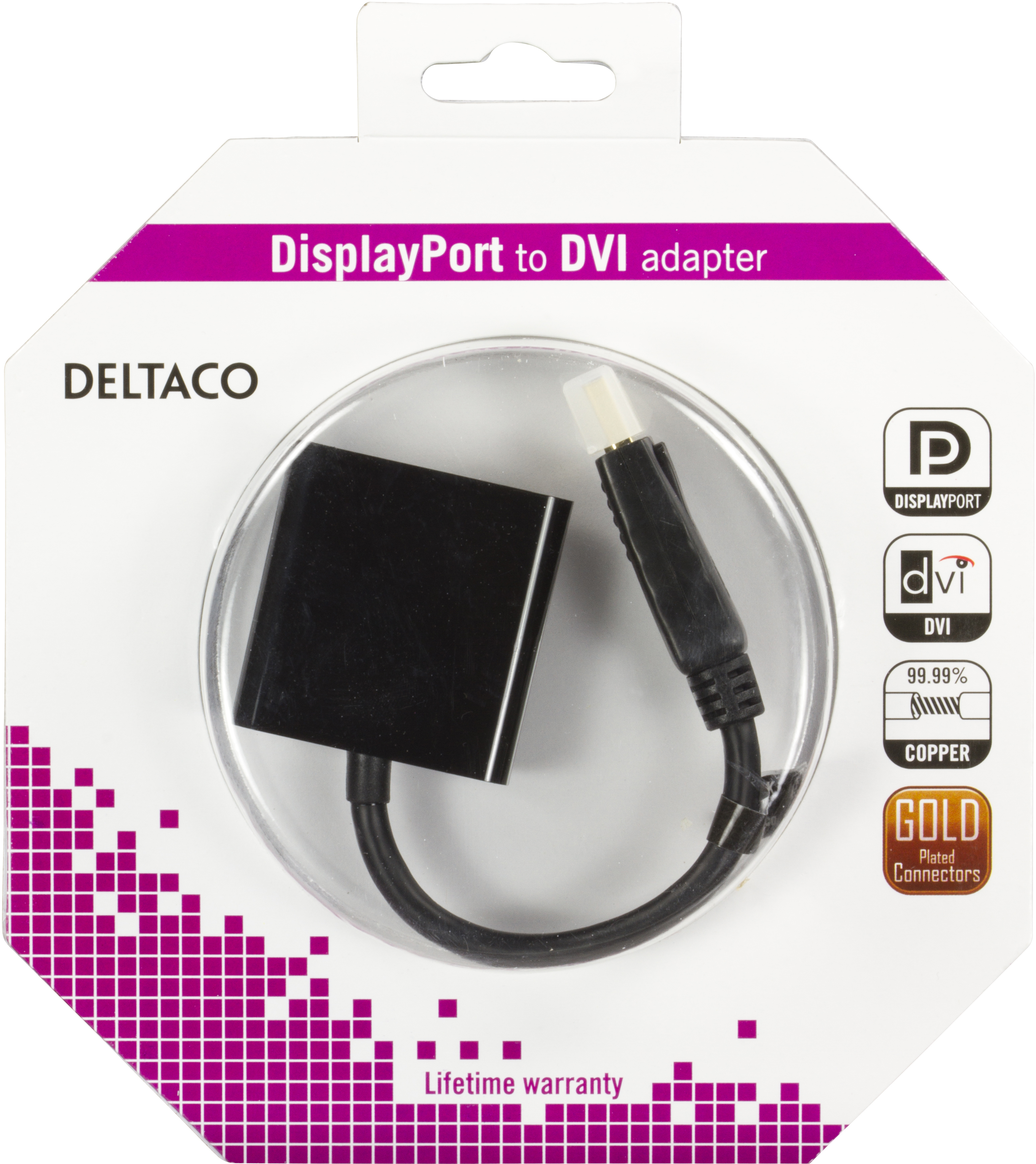 Adaptador DisplayPort a DVI en embalaje. Adaptador negro con conectores dorados.
