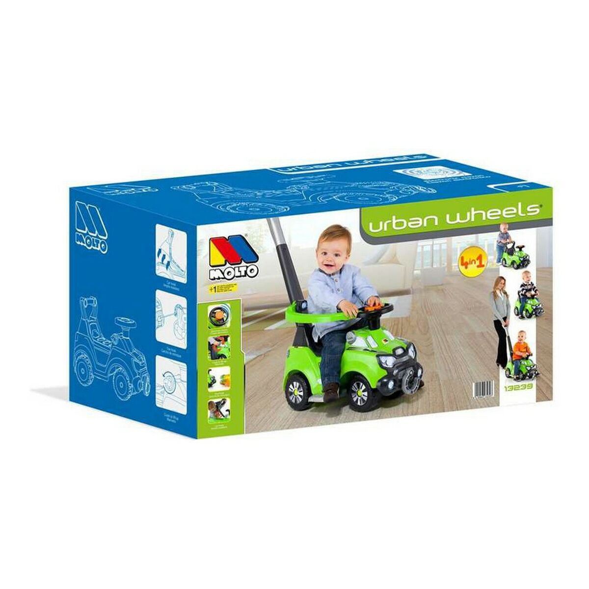 Scatola con un bambino che guida un'auto giocattolo verde. Testo 'Urban Wheels' e '4 in 1'.