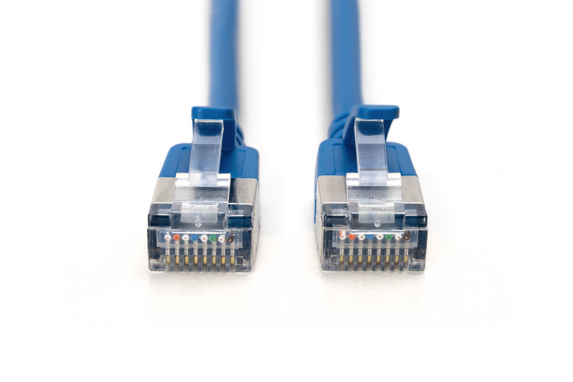 Twee blauwe Ethernet-kabels met connectoren. Witte achtergrond, close-up.