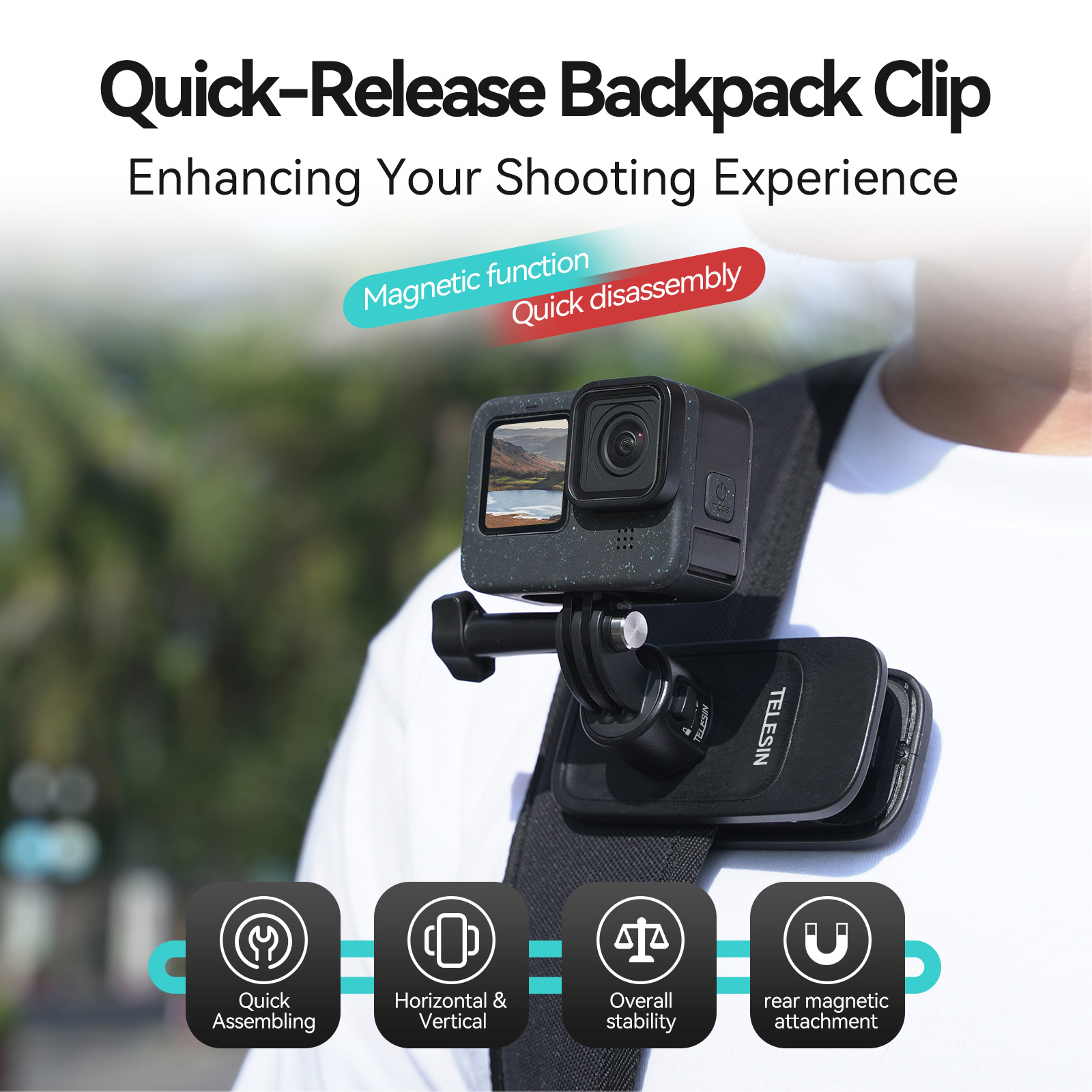 Rugzakclip met camera bevestigd. Tekst: Quick-Release Backpack Clip, Magnetische functie.