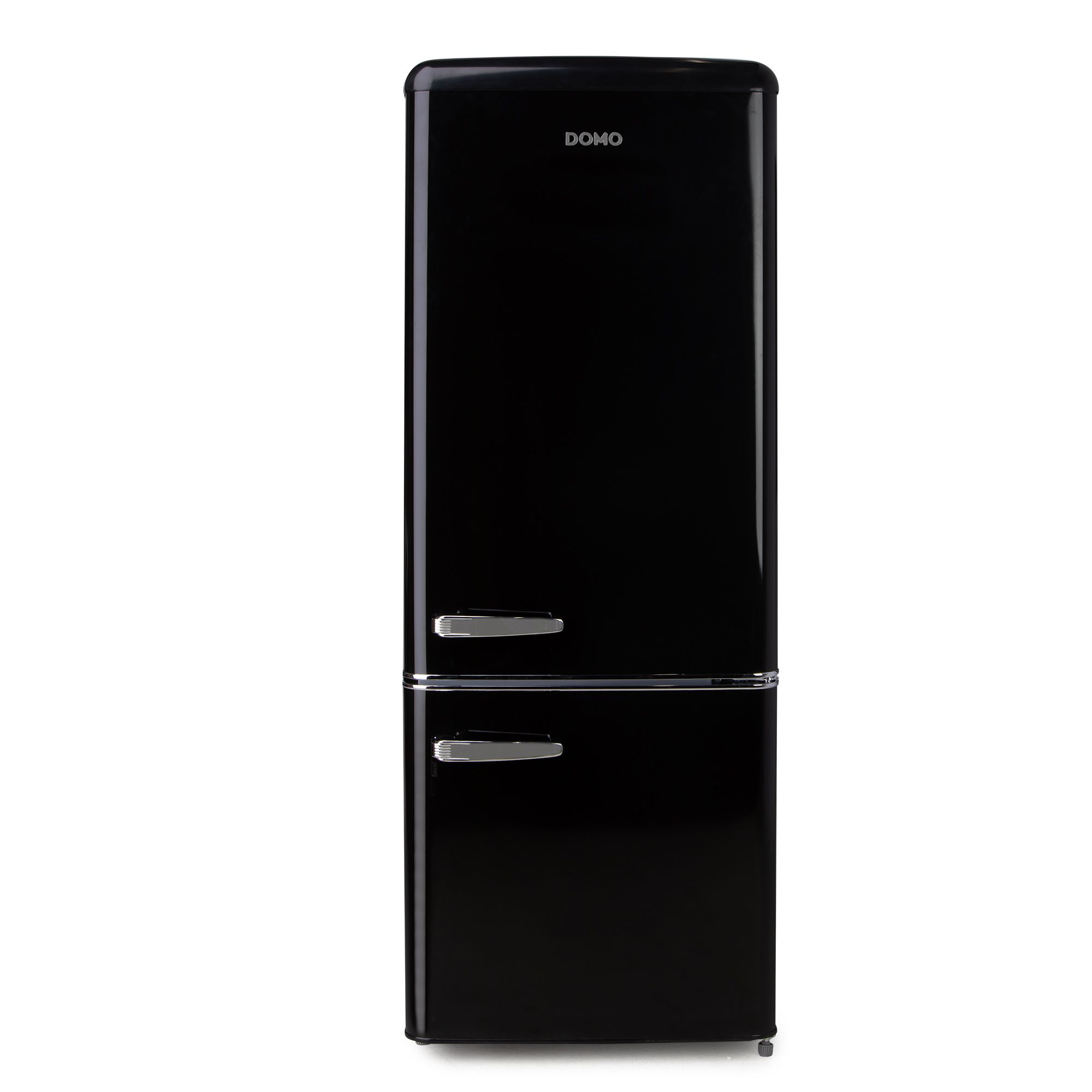 Frigorifero DOMO nero. Due porte, maniglie argentate. Sfondo bianco.