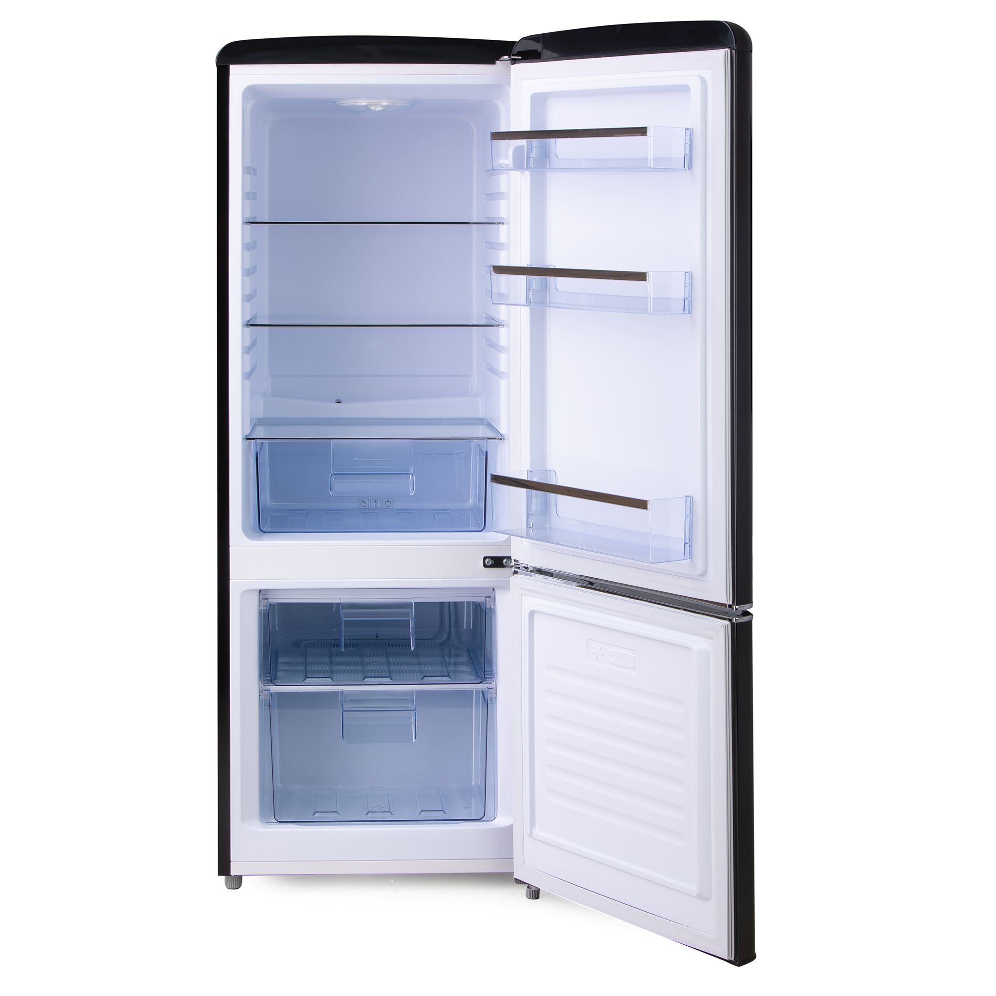 Frigorifero DOMO nero aperto. Interno visibile, ripiani, cassetti. Sfondo bianco.