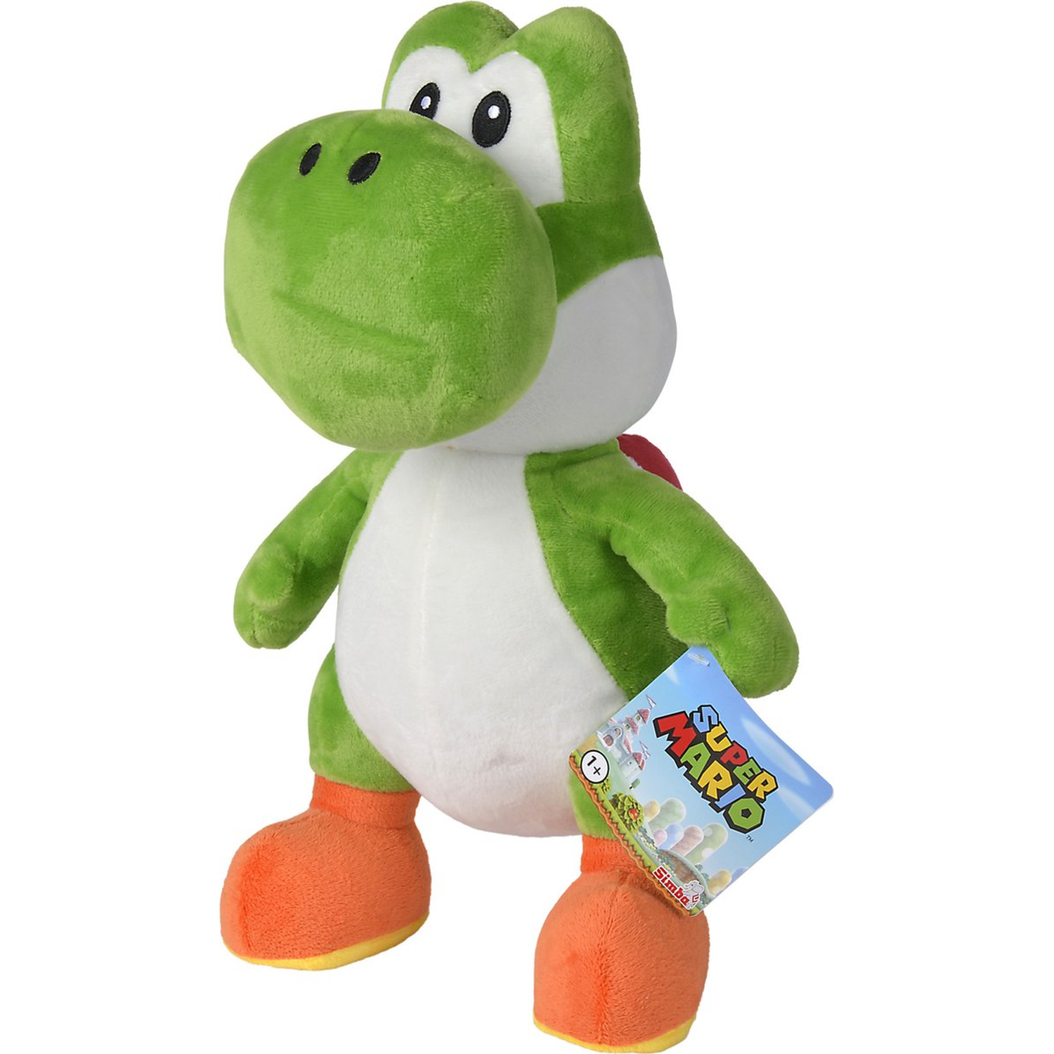 Peluche Yoshi vert avec des chaussures oranges, une selle rouge et une étiquette Super Mario. Il est debout.