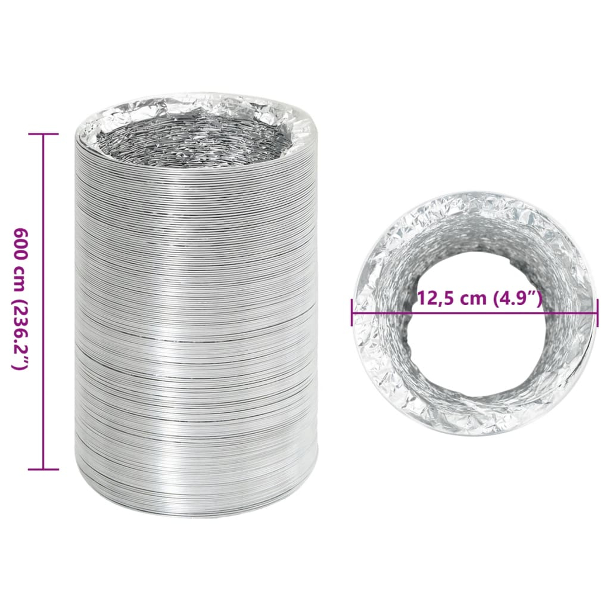 Flexibler Aluminium-Lüftungskanal. Zeigt Abmessungen: 600 cm Länge, 12,5 cm Durchmesser.