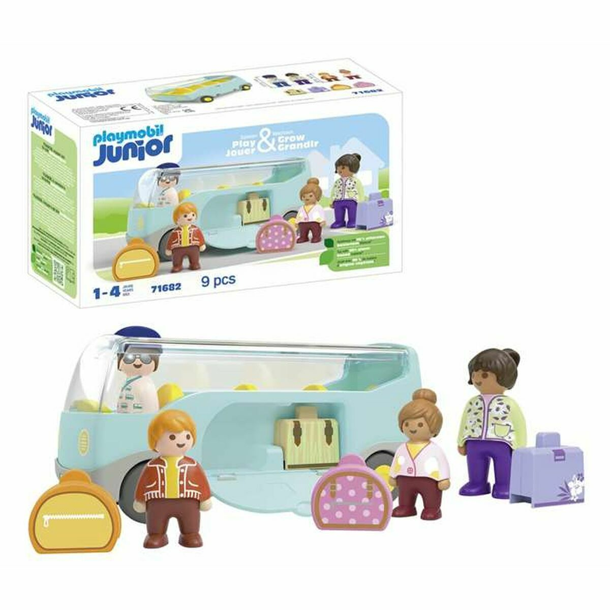 Zestaw zabawek Playmobil Junior z autobusem, figurkami, bagażem i pudełkiem. Białe tło.