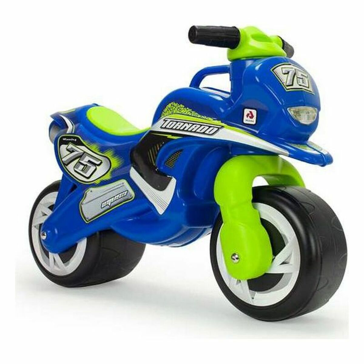 Moto giocattolo blu e verde. Numero 75 sul lato e davanti. Pneumatici e manubrio neri.