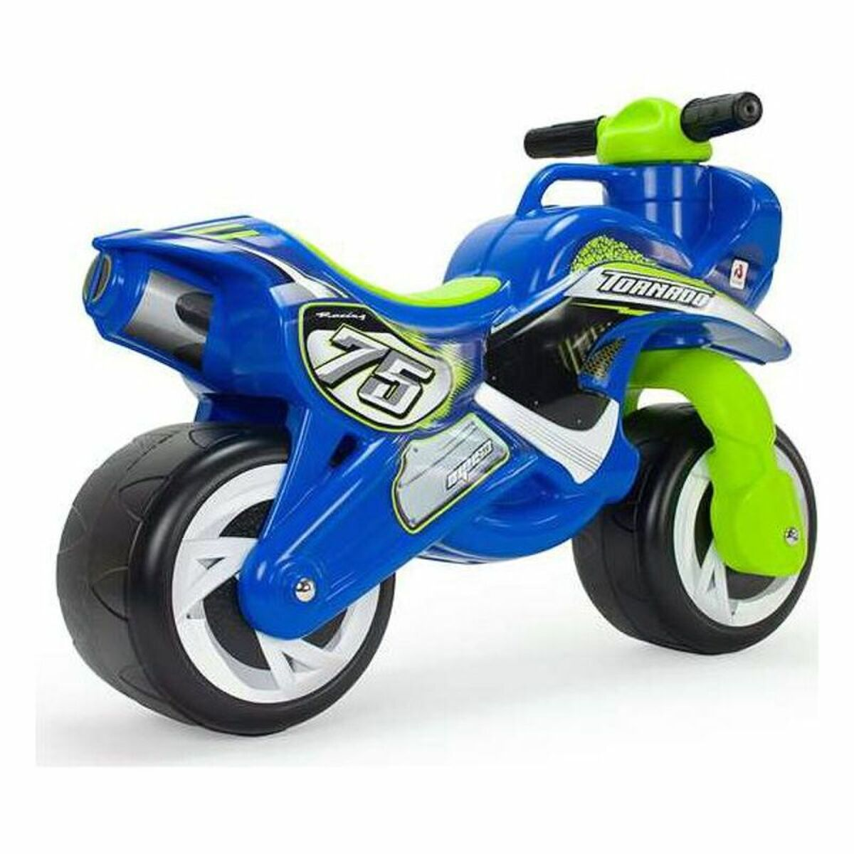 Moto giocattolo blu e verde. Ha la scritta Tornado sul lato e il numero 75.
