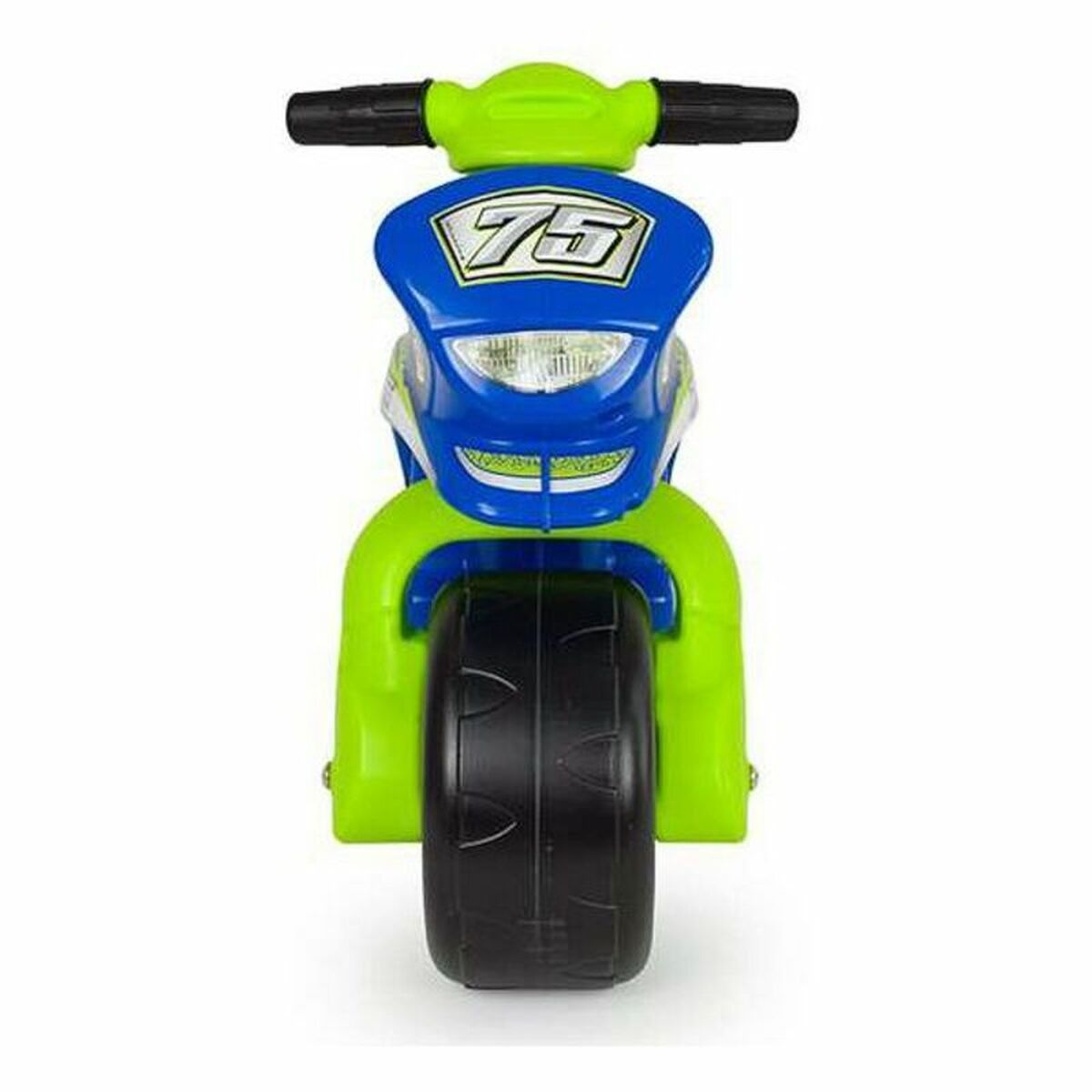 Vista frontale di moto giocattolo blu e verde. Pneumatico e manubrio neri. Numero 75.