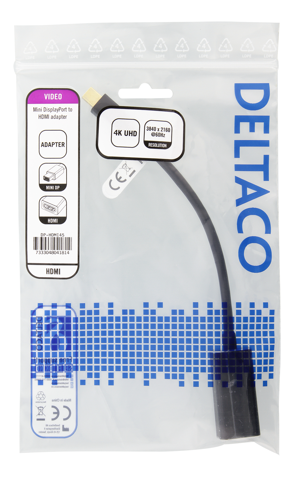 Bolsa sellada con un adaptador Mini DisplayPort a HDMI. Cable negro. Pegatina de resolución 4K UHD.