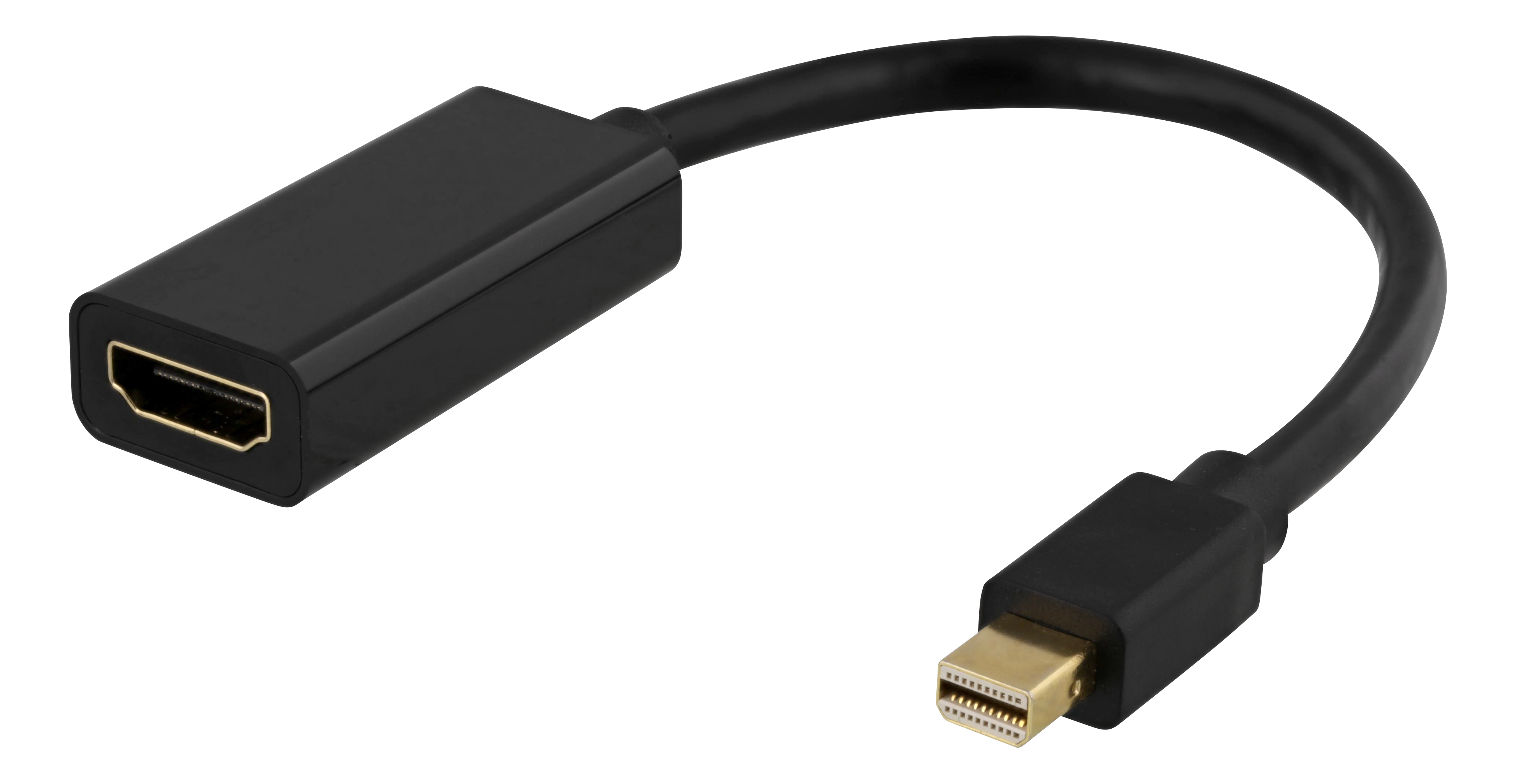 Cable adaptador HDMI a Mini DisplayPort negro sobre fondo negro.